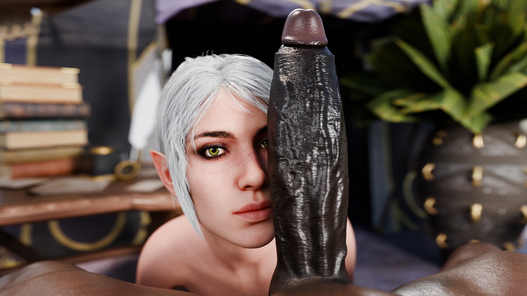 1boy, 1girls, 3d, baldur's gate, baldur's gate 3, completely nude, completely nude female, completely nude male, dark-skinned male, derpderp, dungeons and dragons, green eyes, half-elf, half-elf female, huge cock, huge penis, imminent oral, imminent sex, interracial, interracial sex, large penis, light-skinned female, looking at partner, looking at viewer, nude, nude female, nude male, outside, outside sex, penis bigger than head, penis in front of face, penis on face, pointy ears, shadowheart, straight, straight sex, submissive female, veiny penis, white hair, wyll ravengard