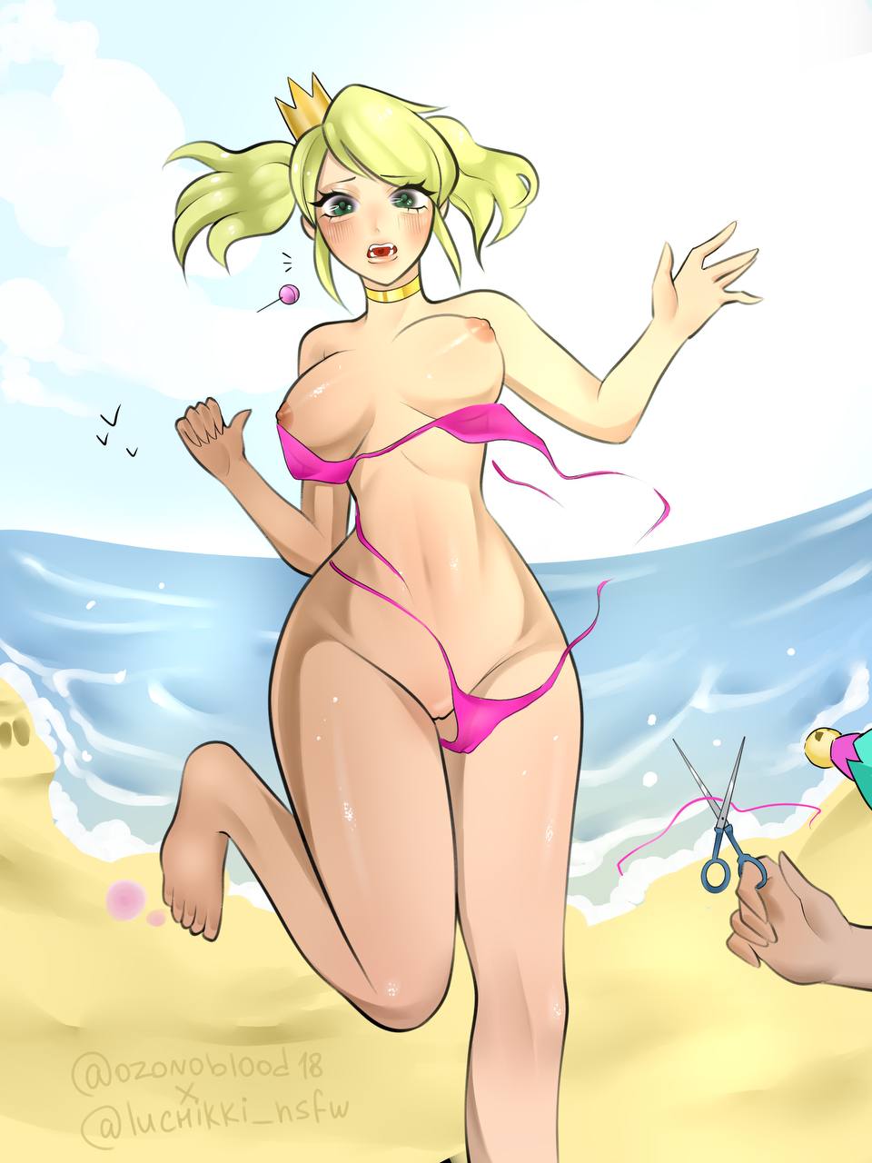 1girls, beach, blush, boobs, brawl stars, luchikki, mandy (brawl stars), open mouth, ozonoblood18, pussy, scissors, short hair, torn swimsuit
