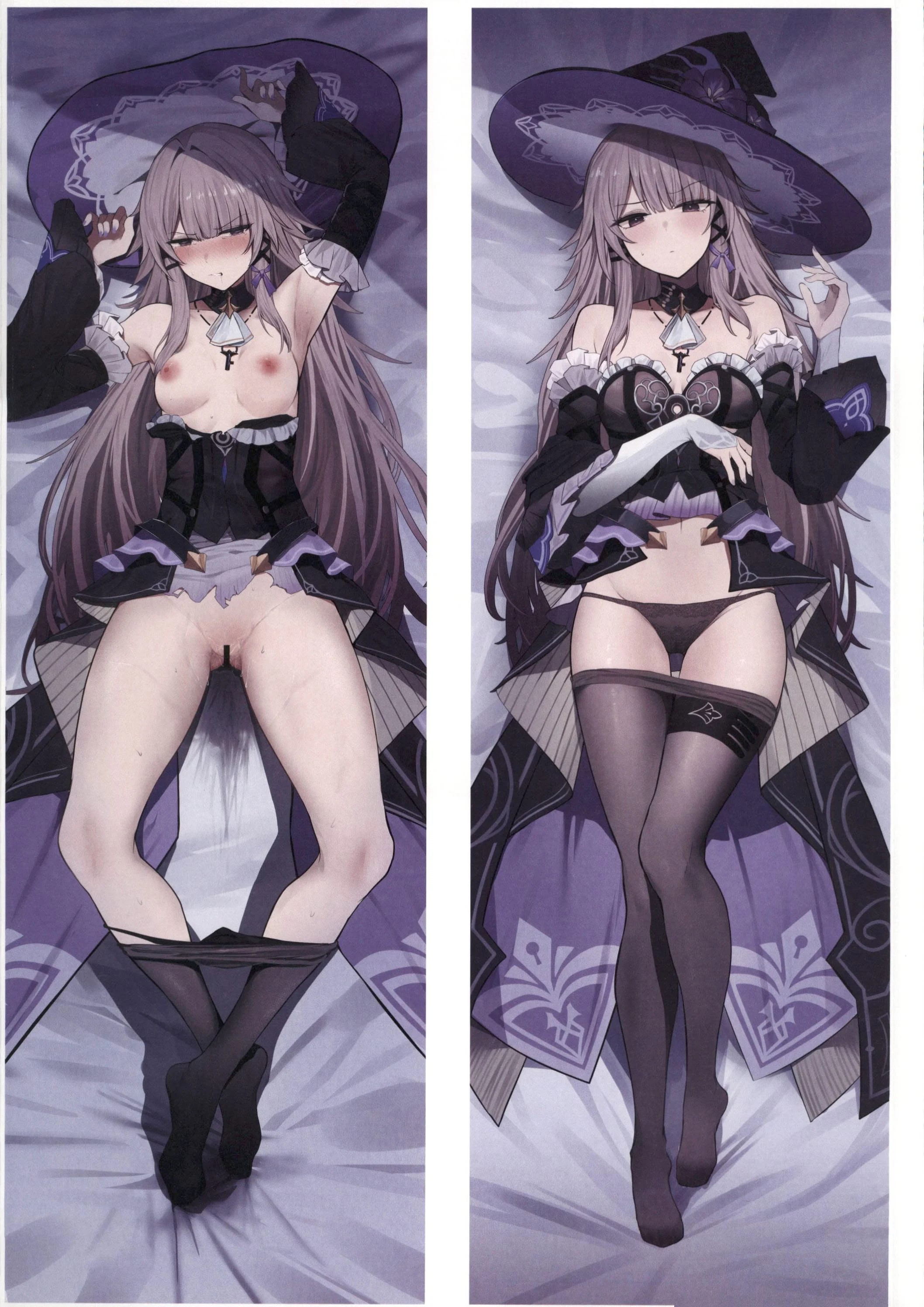 1girls, dakimakura, grey hair, herta (honkai: star rail), honkai: star rail, hototogisu (7kanu 7ra), purple clothing, small breasts, the herta (honkai: star rail), witch hat