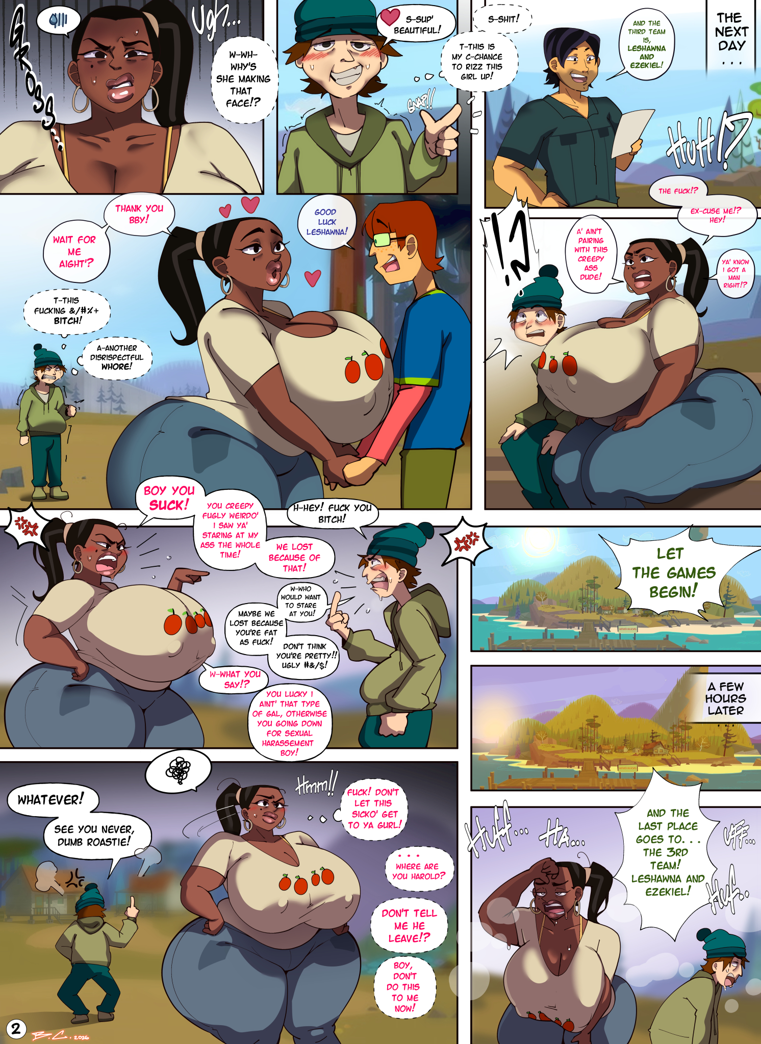 2d, ass, big ass, big breasts, big butt, bittercream, breasts, breasts against chest, busty, cleavage, dark-skinned female, ezekiel (tdi), harold (tdi), huge ass, huge breasts, huge butt, kissing, leshawna (tdi), male/female, page 2, text, total drama island