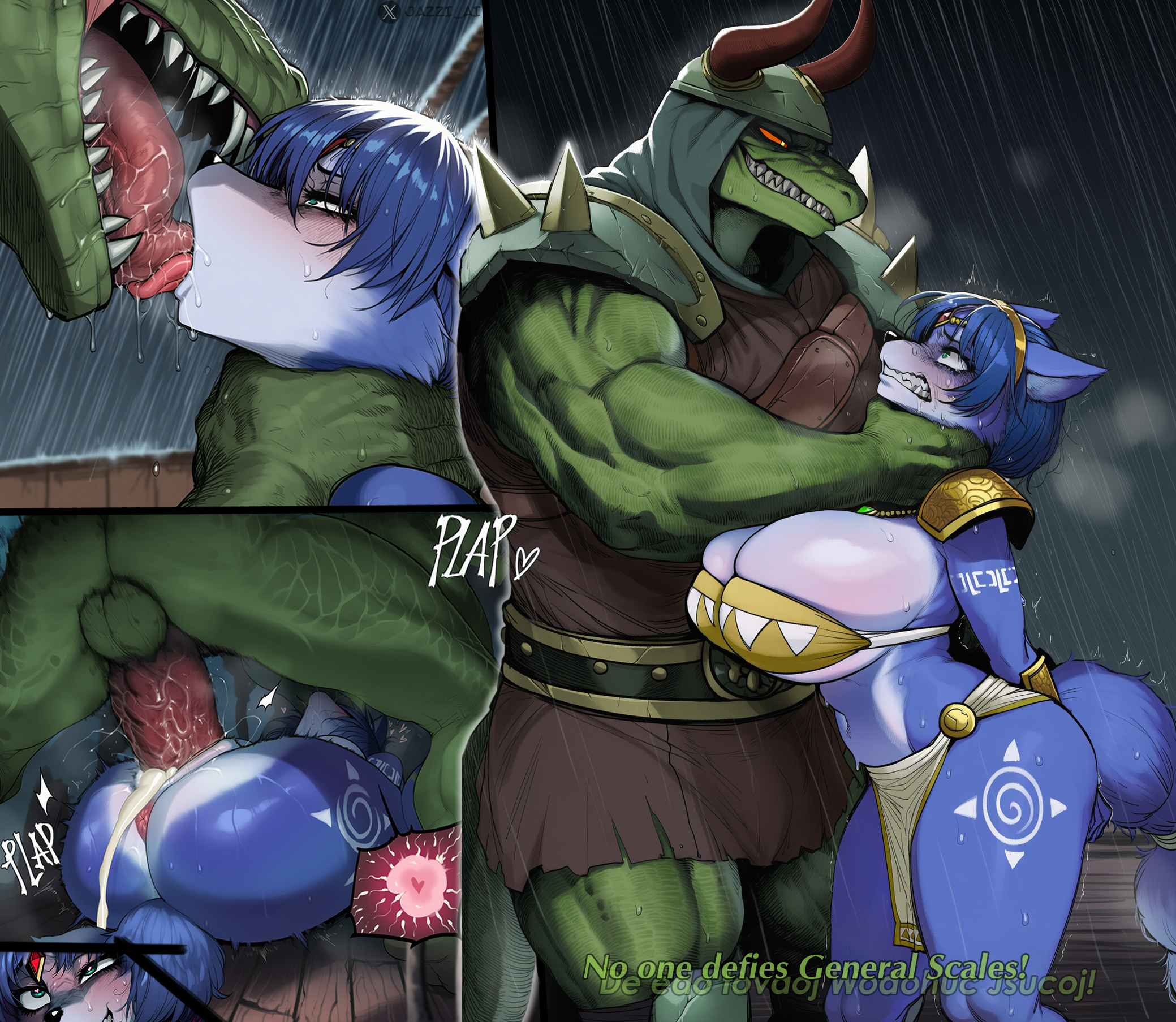 1boy, 1girls, 2koma, ai generated, bad end, big breasts, bigger male, blue fur, blush, conjugal slavery, cum, defeat rape, defeated, defeated heroine, extreme french kiss, forced kiss, fox, fox girl, french kissing, furry, general scales, green scales, hand on neck, heart-shaped pupils, jazzifu, krystal, lizard, lizardman, male domination, mating press, onomatopoeia, ovum, ovum with heart, panels, protagonistsub antagonistdom, raining, rape, scalie, self upload, sharp teeth, sharpclaw, smug, star fox, star fox adventures, tail, text, tongue, tongue fucking, tongue in mouth, tongue in throat, tongue kiss, tongue size difference, twitter username, unwanted cumshot, vaginal penetration