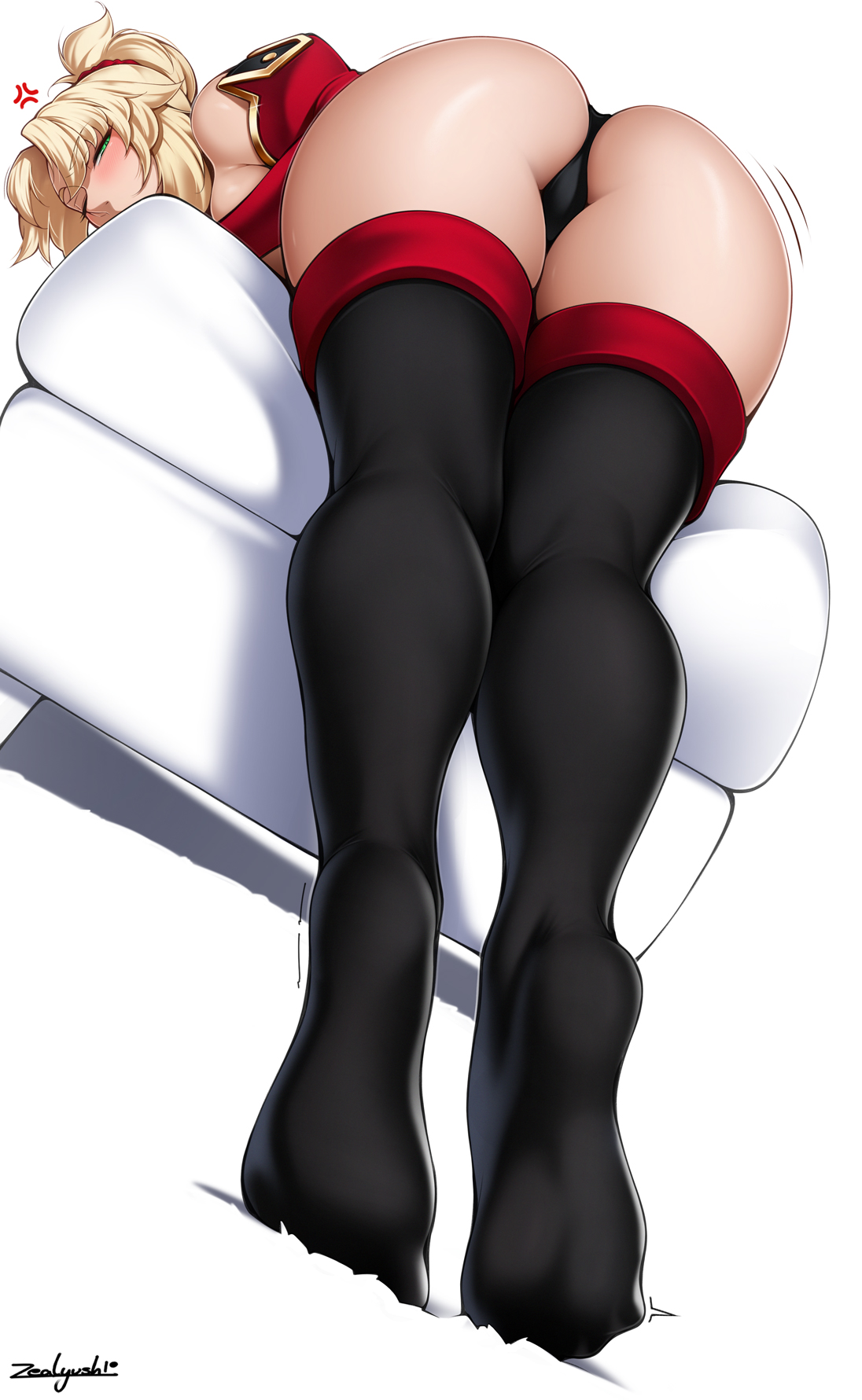 1girls, ass, ass focus, big ass, blonde hair, blush, blushing, fate (series), fate/grand order, feet, female, female only, green eyes, huge ass, large ass, long socks, looking at viewer, lying, mordred (fate), panties, perfect ass, solo, solo female, thick, thick ass, thick thighs, thighhighs, thighs, thong, zealyush