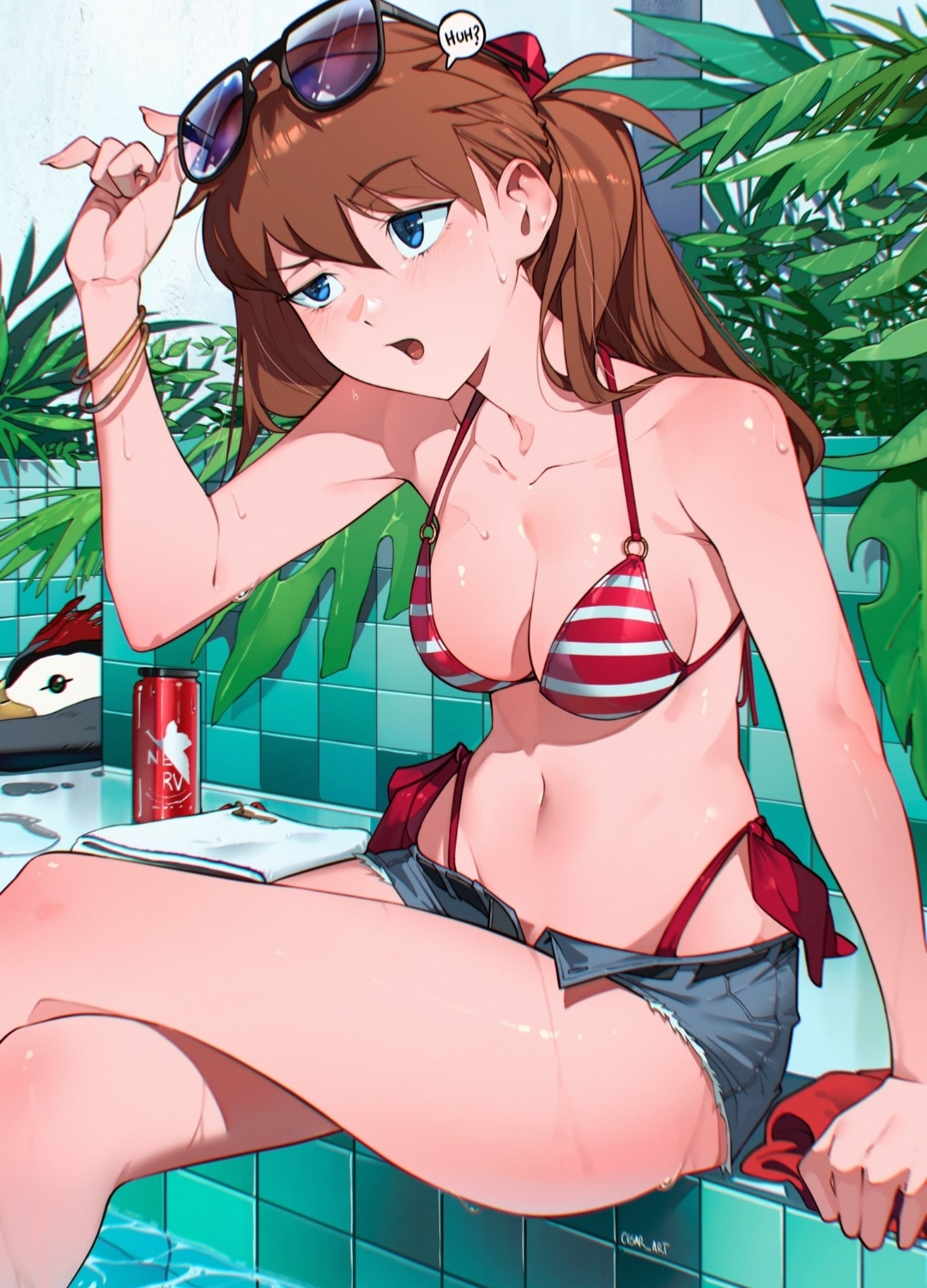 2d, anime, anime girl, asuka langley sohryu, belly button, bikini, bikini bottom, bikini top, blue eyes, cesar art456, crossed legs, evangelion, jean shorts, legs crossed, medium breasts, neon genesis evangelion, orange hair, pen pen, shorts, sitting, slim waist, striped bikini, striped swimsuit, sunbathing, sunglasses, sunglasses on head, sweat, sweatdrop, swimsuit, tagme, tanned, tanned female, tanned skin, teenage girl, teenager, text bubble, wide hips