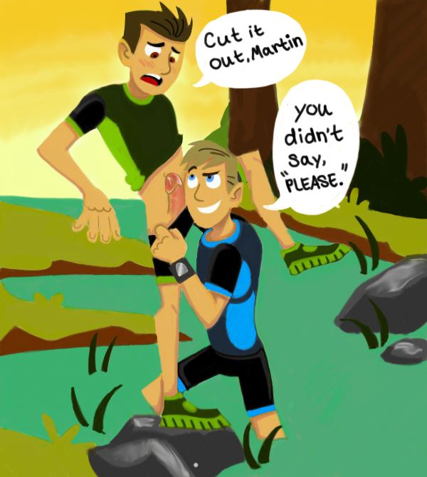 2boys blonde_hair blue_eyes brothers brown_eyes brown_hair chris_kratt erection exposed_penis fraternity incest leg_up male_only martin_kratt shorts_down shorts_pull tagme undressing verbal wild_kratts