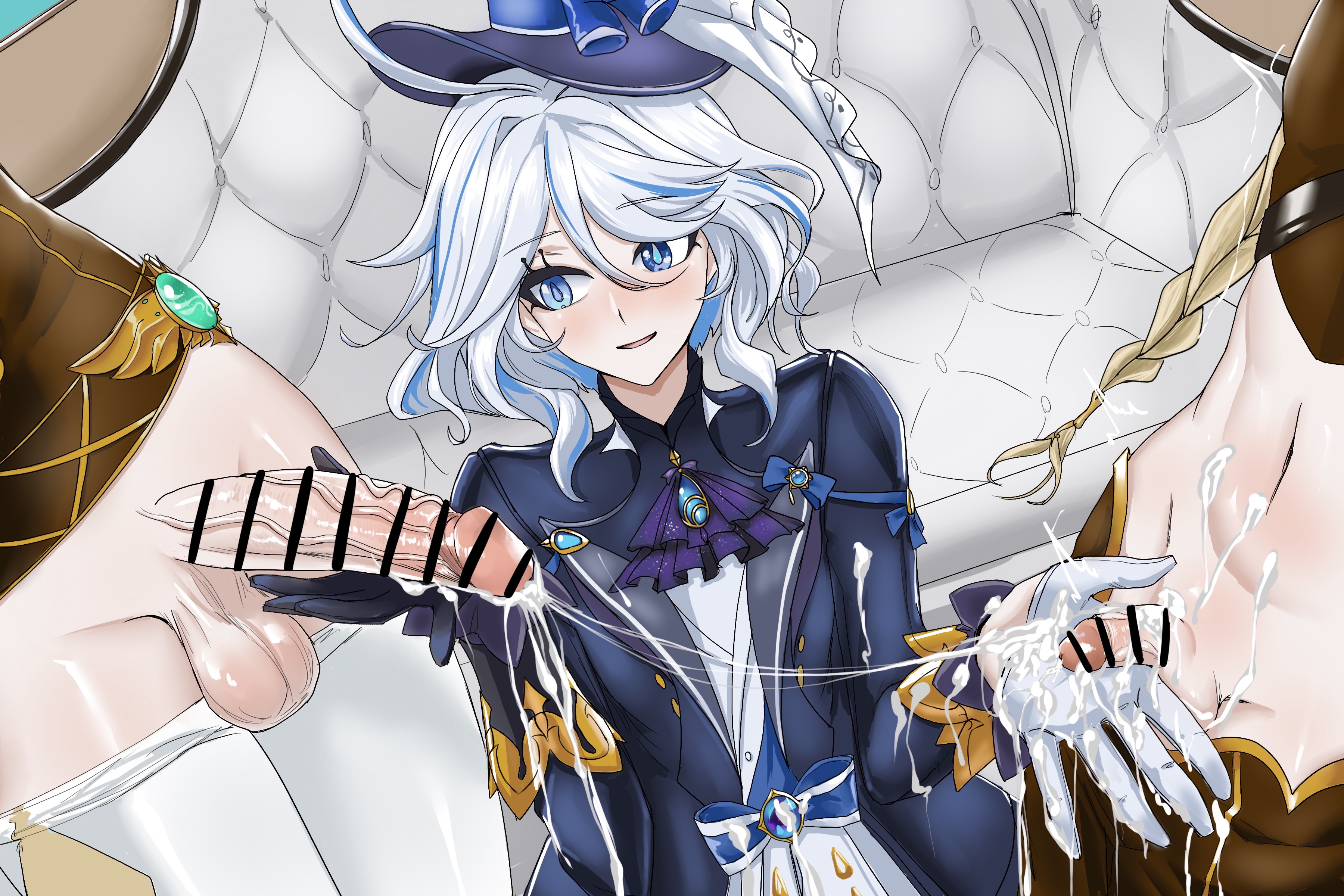 1girls, 2d, aether (genshin impact), big penis, blonde male, blue clothing, censor bar, censored, comparing penis, cum, cum on hand, cum over body, cum overload, fascinated, female, furina (genshin impact), genshin impact, gloves, heterochromia, holding penis, impressed, looking at penis, male, multiple males, multiple penises, penis, penis size difference, pulling down pants, small penis, small penis humiliation, tiny penis, traveler (genshin impact), venti (genshin impact)