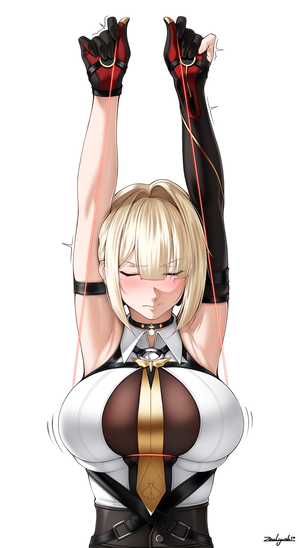 arms above head, arms up, blonde hair, blush, blushing, evelyn chevalier, large breasts, tagme, zealyush, zenless zone zero
