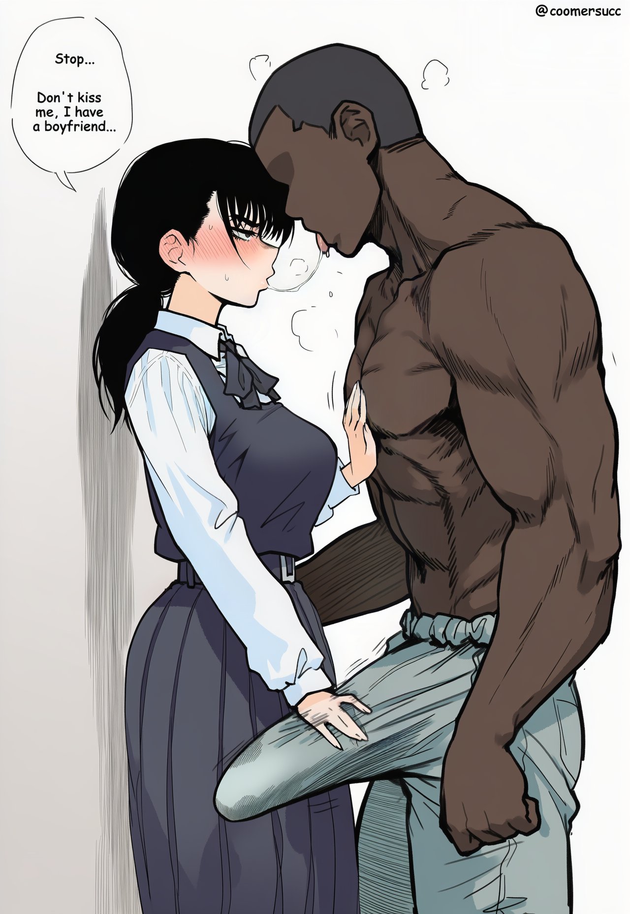 , 1boy, 1girls, ai generated, asian, asian female, big cock, big penis, bigger male, black hair, black hair female, boobs, breasts, butt, chainsaw man, cheating, cheating girlfriend, clothed, clothed female, cock, coomersucc, dark skin, dark-skinned male, erection, erection under clothes, female, female focus, height difference, horny, horny female, huge cock, huge penis, interracial, japanese, japanese female, larger male, light skin, light-skinned female, mitaka asa, penis, shorter female, size difference, smaller female, topless, topless male