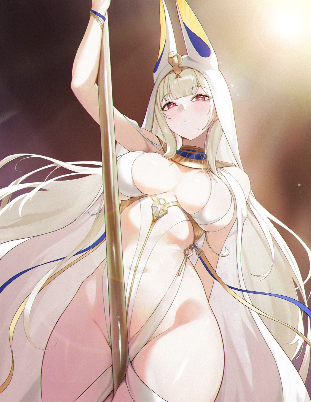 1girl, ancient egyptian clothes, animal ears, azur lane, bracelet, commentary, cross-shaped pupils, elias2art, english commentary, eyeliner, gold bracelet, highres, holding, holding scythe, jackal ears, jewelry, makeup, multiple bracelets, neck ring, purple eyeliner, red eyes, revealing clothes, scylla (a maid's judgment) (azur lane), scylla (azur lane), scythe, solo, symbol-shaped pupils, usekh collar, white hair