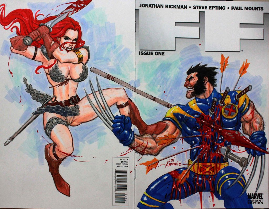 1boy 1girls armor bikini_armor chainmail chainmail_bikini crossover female human james_howlett loincloth lui_antonio male marvel mutant red_sonja red_sonja_(comics) wolverine_(x-men) x-men