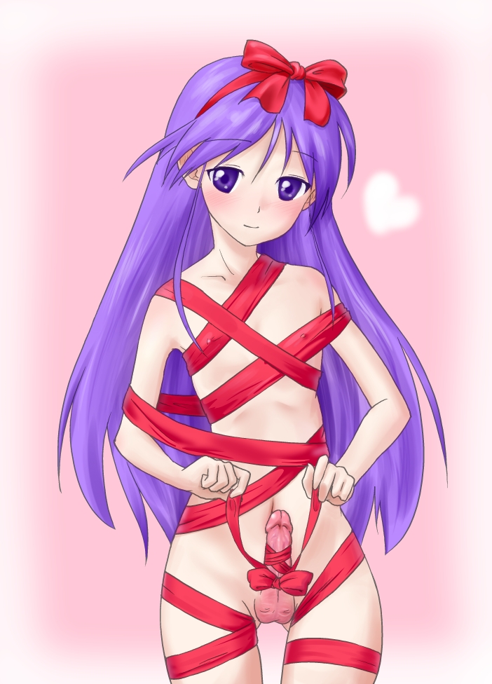 1boy crossdressing happiness! jun_watarase male male_only oreo penis purple_eyes purple_hair ribbon solo trap