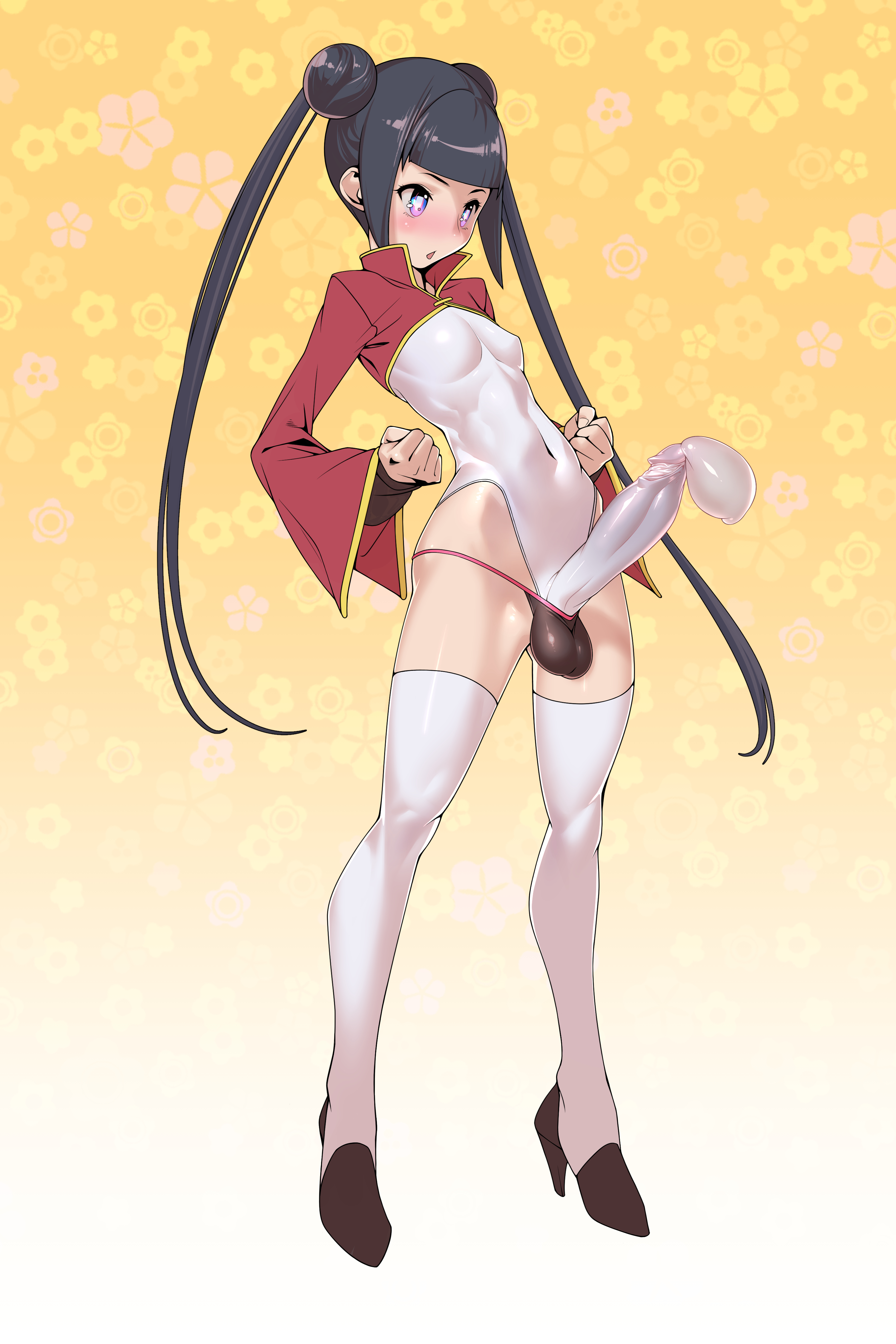 1futa, balls, balls in panties, black hair, character request, color, condom, condom filling, condom on penis, cum, cum in condom, dickgirl, erection, futa only, futanari, high heels, intersex, large penis, penis, short hair, solo, standing, tomoyuki kotani, twintails, uncensored, wearing condom
