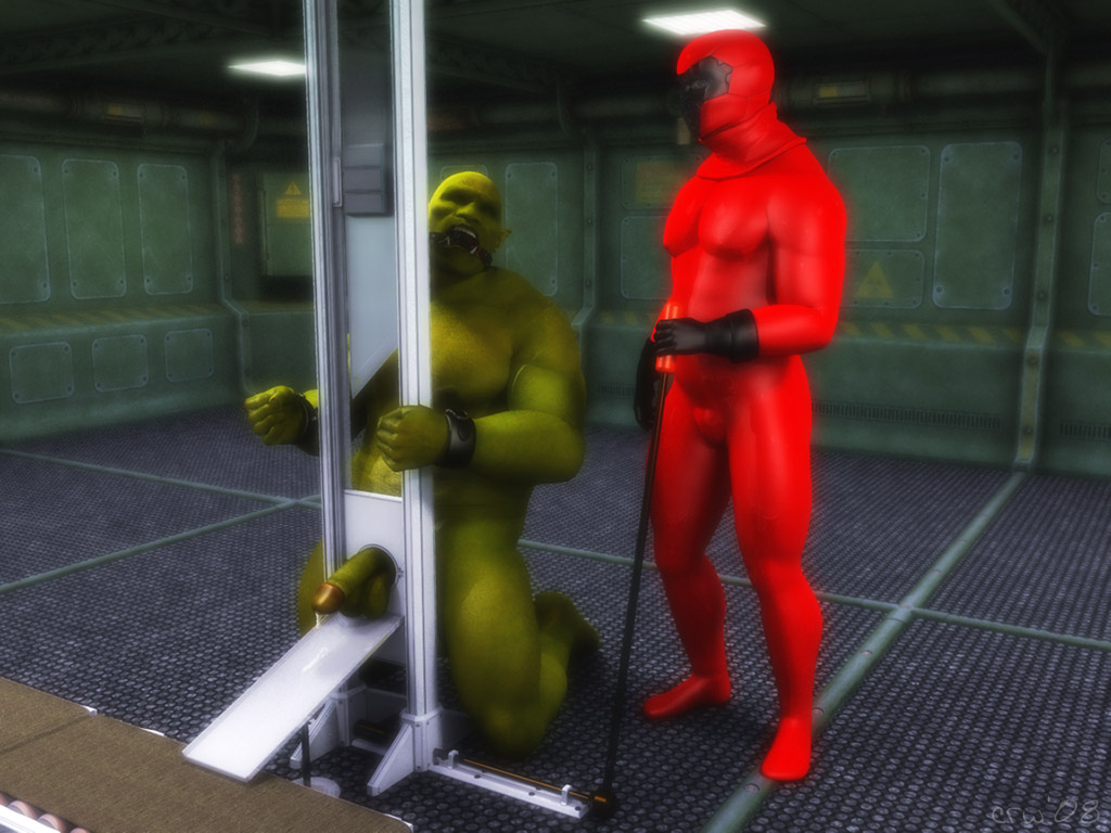 2boys 3d bald ball_gag balls ballsack bodysuit cmnm control_lever conveyor_belt corwyn fencing_mask foreskin gag gloves green_skin guillotine handcuffs humanoid humanoid_penis intact kneeling male_focus male_nipples male_only muscular muscular_male nude_male orc penis pointy_ears retracted_foreskin scrotum semi-erect smooth_penis smooth_skinned_male tagme testicles tusks uncut