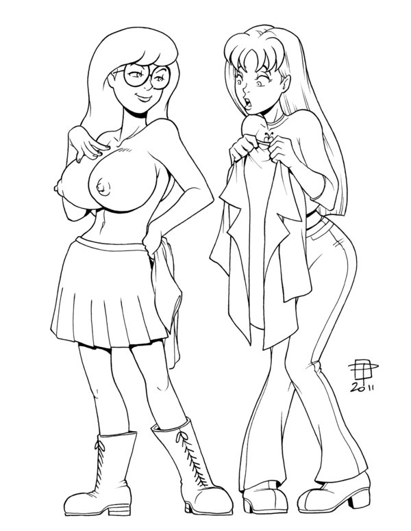 2011 2girls boots callmepo clothing daria daria_morgendorffer female glasses large_breasts monochrome multiple_girls nipples quinn_morgendorffer skirt topless