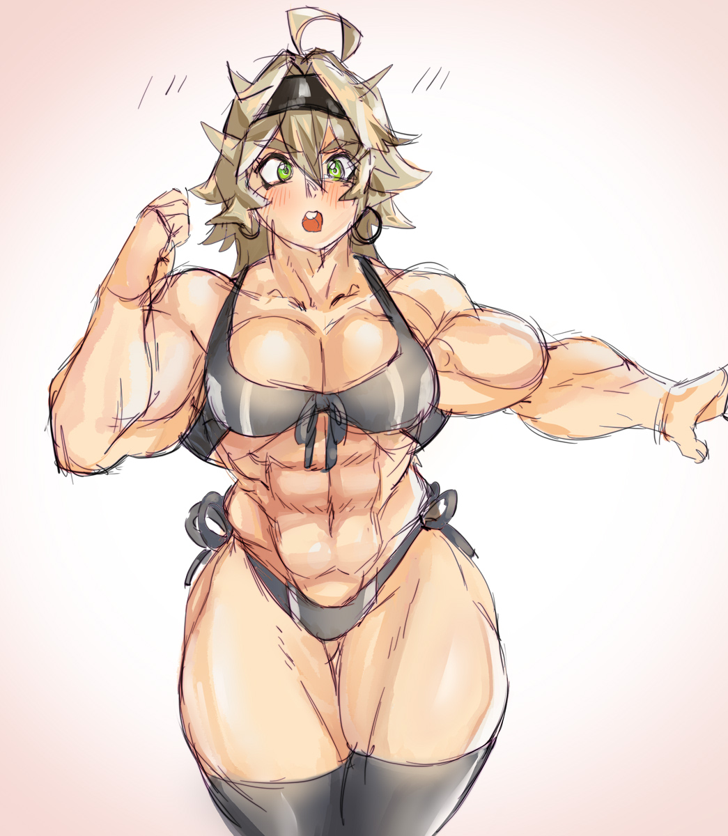 abs, asta (black clover), biceps, black clover, breasts, curvy, female, female asta, headband, hoop earrings, keigi (artist), large breasts, muscular, muscular arms, muscular female, muscular thighs, rule 63, side-tie panties, spiky hair, thick thighs, thighhighs, triceps