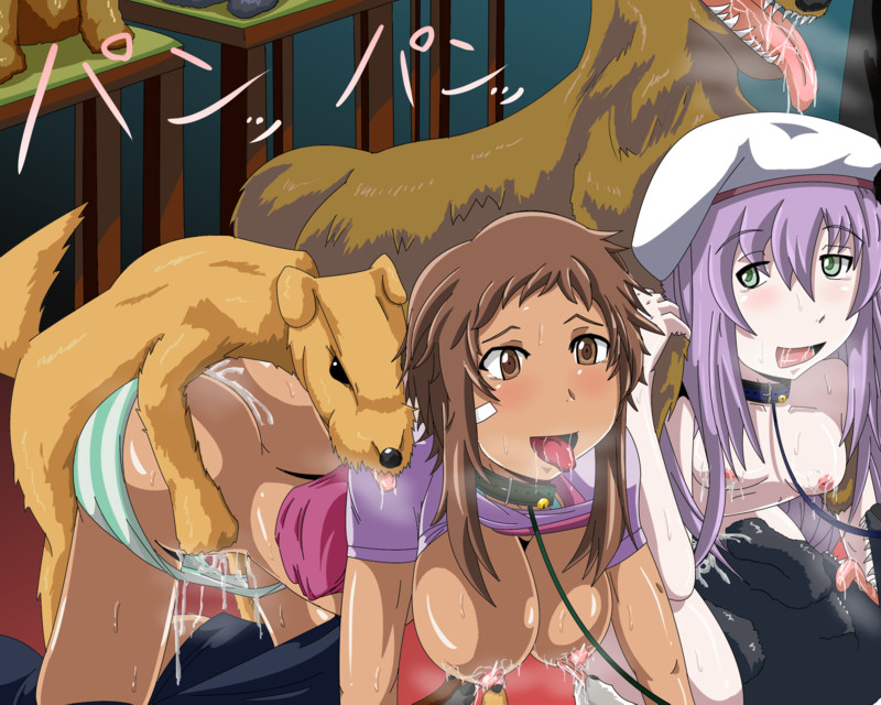 2girls bestiality breasts brown cum first_person_view gaoka hino_hinata mirai_nikki nipples nonosaka_mao pussy_juice saliva zoophilia