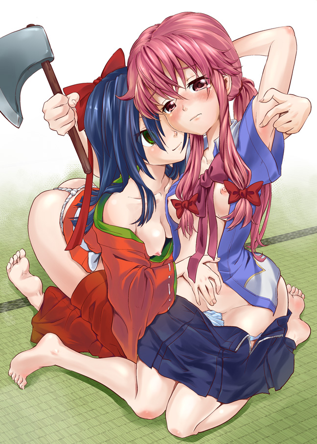 2girls axe barefoot beige_skin blue_hair blush bow breasts clothes color eyes female female_only gasai_yuno green_eyes hair kasugano_tsubaki kneeling mirai_nikki multiple_females open_clothes open_eyes pink_eyes pink_hair skin skirt undressing yuri