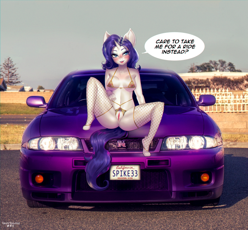 2018 anthro anthrofied blush car clothing dialogue english_text equine female friendship_is_magic hair horn mammal my_little_pony nissan outside pussy rarity_(mlp) solo spread_legs spreading straight_hair tawni_tailwind text unicorn vehicle