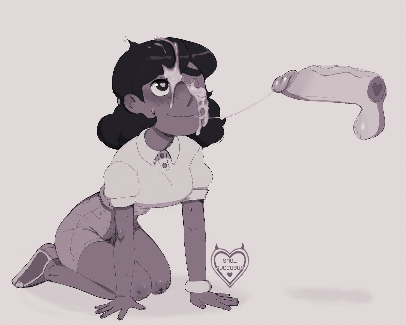1boy, 1girls, black hair, blush, blushing, cartoon network, connie maheswaran, cum, cum in hair, cum on cheek, cum on closed eye, cum on face, cum on hair, cum string, dark skin, dark-skinned female, disembodied penis, facial, female, greyscale, hands on floor, heart-shaped pupils, indian, indian female, kneeling, knees, male, monochrome, on knees, penis, short hair, shorts, smolsuccubus, steven universe, straight hair
