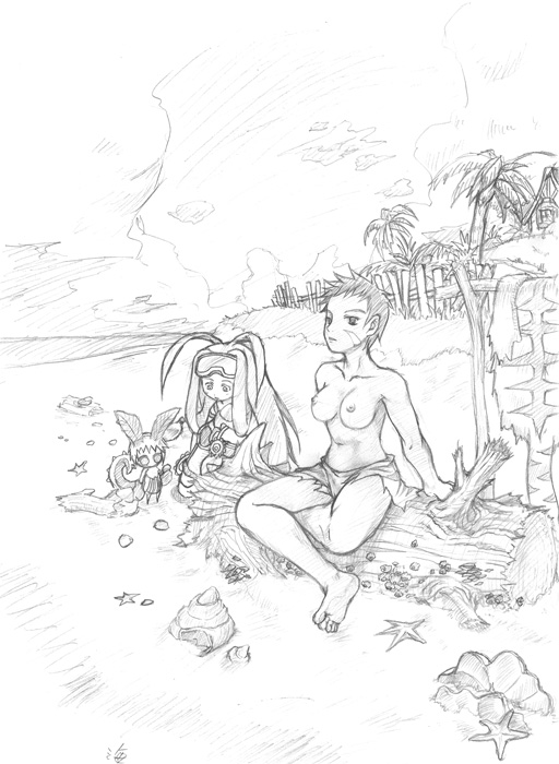 1ambiguous 2girls amazon animal_skin barefoot beach character_request cloud coconut_tree day daytime full_body fusionist goggles_on_head house loincloth long_hair medium_breasts monochrome outdoors phantom_brave putty seashell short_hair sitting_on_log starfish tagme topless_female very_long_hair wooden_fence