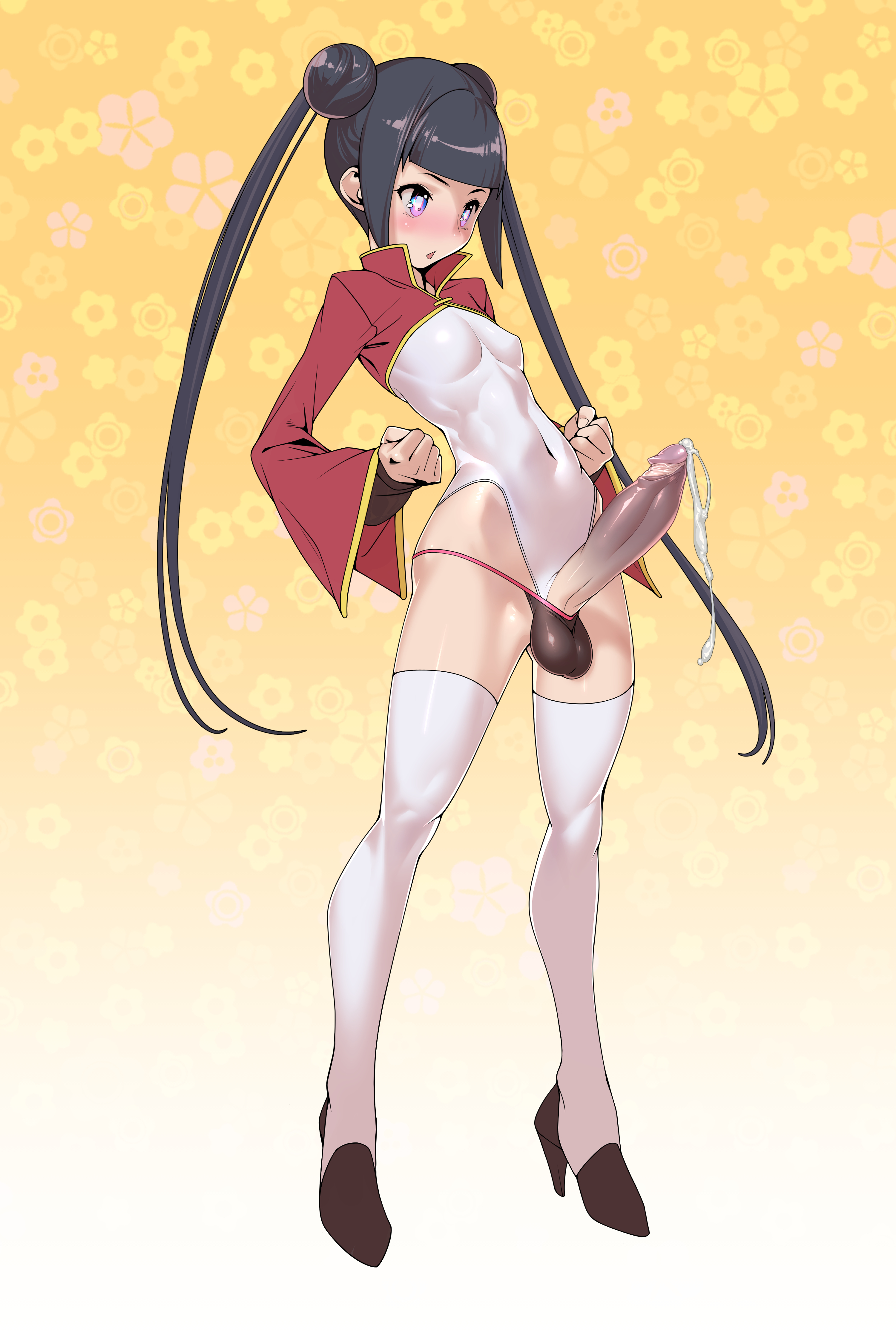 1futa, black hair, character request, color, cum, dickgirl, ejaculation, erection, futa only, futanari, high heels, intersex, large penis, penis, short hair, solo, standing, tomoyuki kotani, twintails, uncensored
