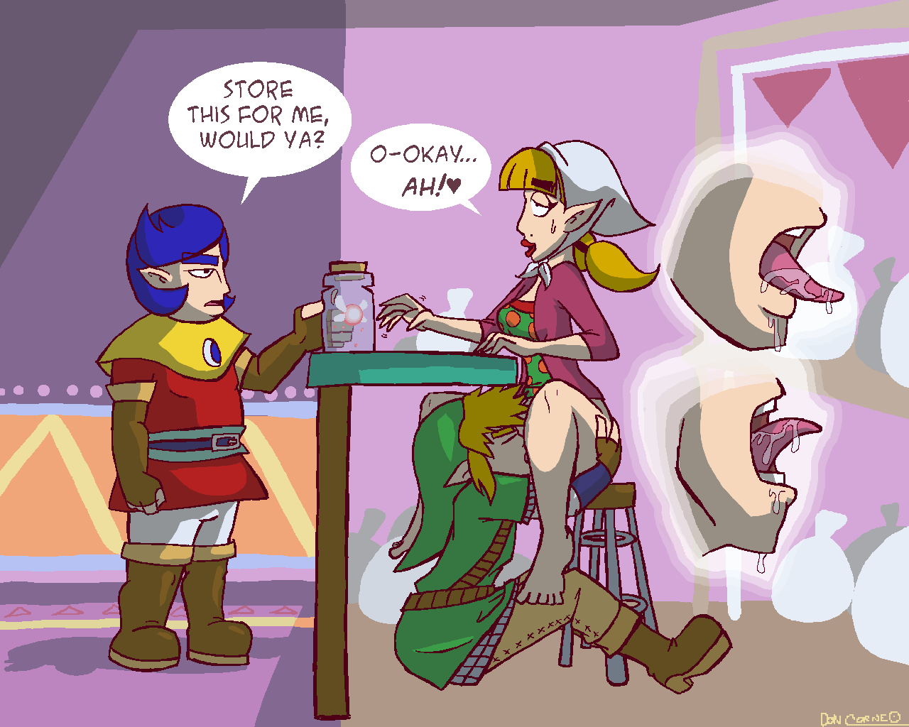 beauty_mark behind_the_counter blonde_hair blue_hair cawlin cunnilingus dialogue doncorneo english_text fairy female holding_thighs jar link link_(skyward_sword) peatrice pigtails skyward_sword speech_bubble stealth_oral stealth_sex text the_legend_of_zelda the_legend_of_zelda:_skyward_sword under_the_table