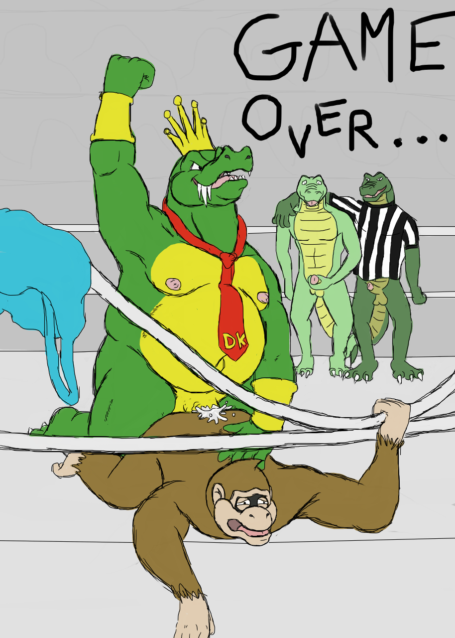 buggery color donkey_kong donkey_kong_(series) furry game_over interspecies k_rool kong kremling kritter male male_only multiple_males nintendo nipples no_humans penis wrestling wrestling_ring yaoi