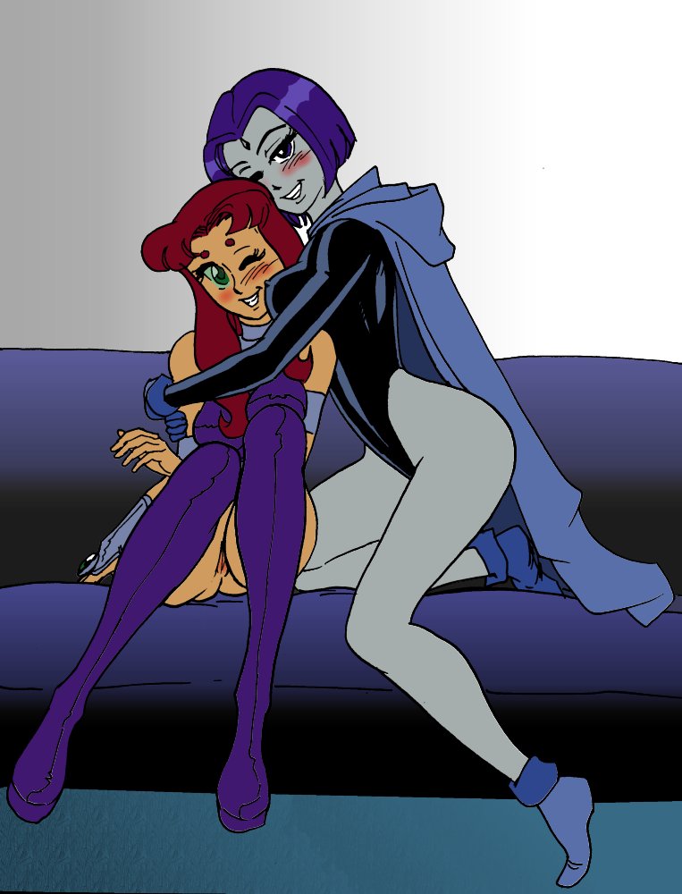 2girls biesiuss blue_eyes blue_hair boots breasts cape clenched_teeth couch dc dc_comics dcau female female_only friends green_eyes grey_skin grin hug knees_together_feet_apart leotard looking_at_viewer multiple_girls mutual_yuri no_panties one_eye_closed purple_hair pussy rachel_roth raven_(dc) red_hair romantic sitting smile smooth_skin starfire teen_titans teeth uncensored wince wink yuri