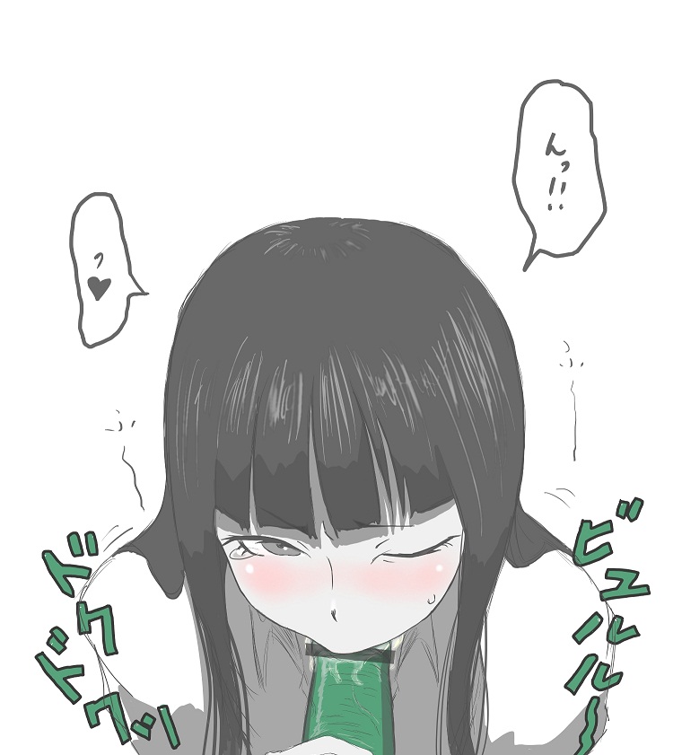 black_hair blush fellatio green_skin japanese_text long_hair monoe oral pale-skinned_female pale_skin shitai-san straight wink yume_nikki