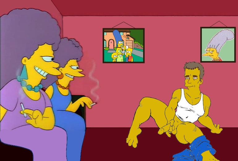 clothes color female handjob human indoors male masturbation multiple_females patty_bouvier penis richard_dean_anderson selma_bouvier sitting tagme testicles the_simpsons