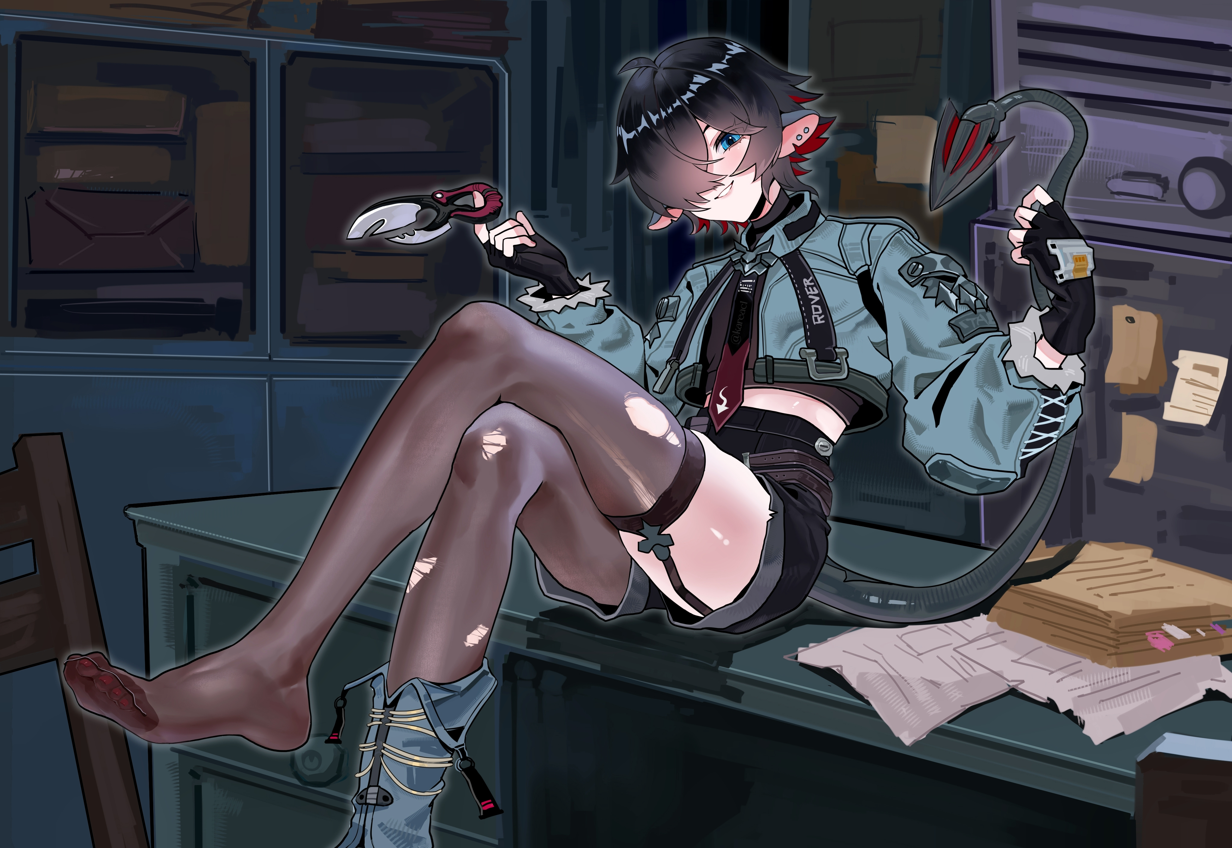 1boy, 2026, 2d, animal ears, animal tail, artist name, black shorts, blue eyes, blush, bottomwear, bulge, femboy, femboy only, feminine male, full body, g1 (artist), garter straps, genderswap, genderswap (ftm), girly, gloves, green eyes, hair over one eye, hand on bulge, handwear, indoors, jacket, jane doe (zenless zone zero), john doe (zenless zone zero) (scopeophilia), kareac, kareac1, knife, leggings, legwear, mouse ears, nail polish, nails, office, office desk, painted toenails, rat boy, rat ears, rat tail, red nails, red toenails, ripped leggings, rule 63, shorts, smile, solo, solo femboy, tagme, tail, thick thighs, thighs, topwear, touching bulge, trap, weapon, zenless zone zero