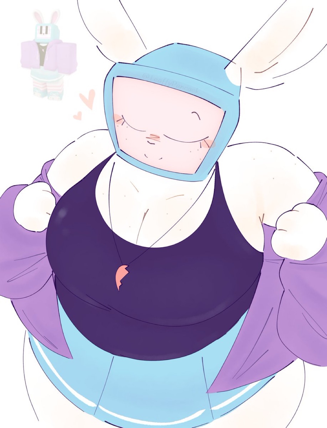 1girl, 1girls, 2d, 2d (artwork), 2d artwork, big breasts, breasts, bunny ears, bunny girl, bunny paws, chubby, chubby female, cleavage, closing eyes, clothed, clothing, female, female focus, female only, heart symbol, melanie (regretevator), necklace, no sex, purple jacket, reference image, regretevator, roblox, roblox game, robloxian, skirt, smile, smiling, tagme (artist), taking clothes off, taking off jacket, tank top, tv, tv head, tv screen, white skin, white skinned female