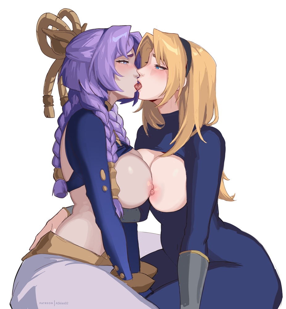 2girls, allen skies02, big breasts, blonde hair, blue eyes, bodysuit, breasts, breasts out, breasts touching, clothed female, girls kissing, hand on back, kissing, league of legends, lesbian, lesbian kiss, luxanna crownguard, nipples, nipples touching, purple hair, riot games, yunara (league of legends), yuri