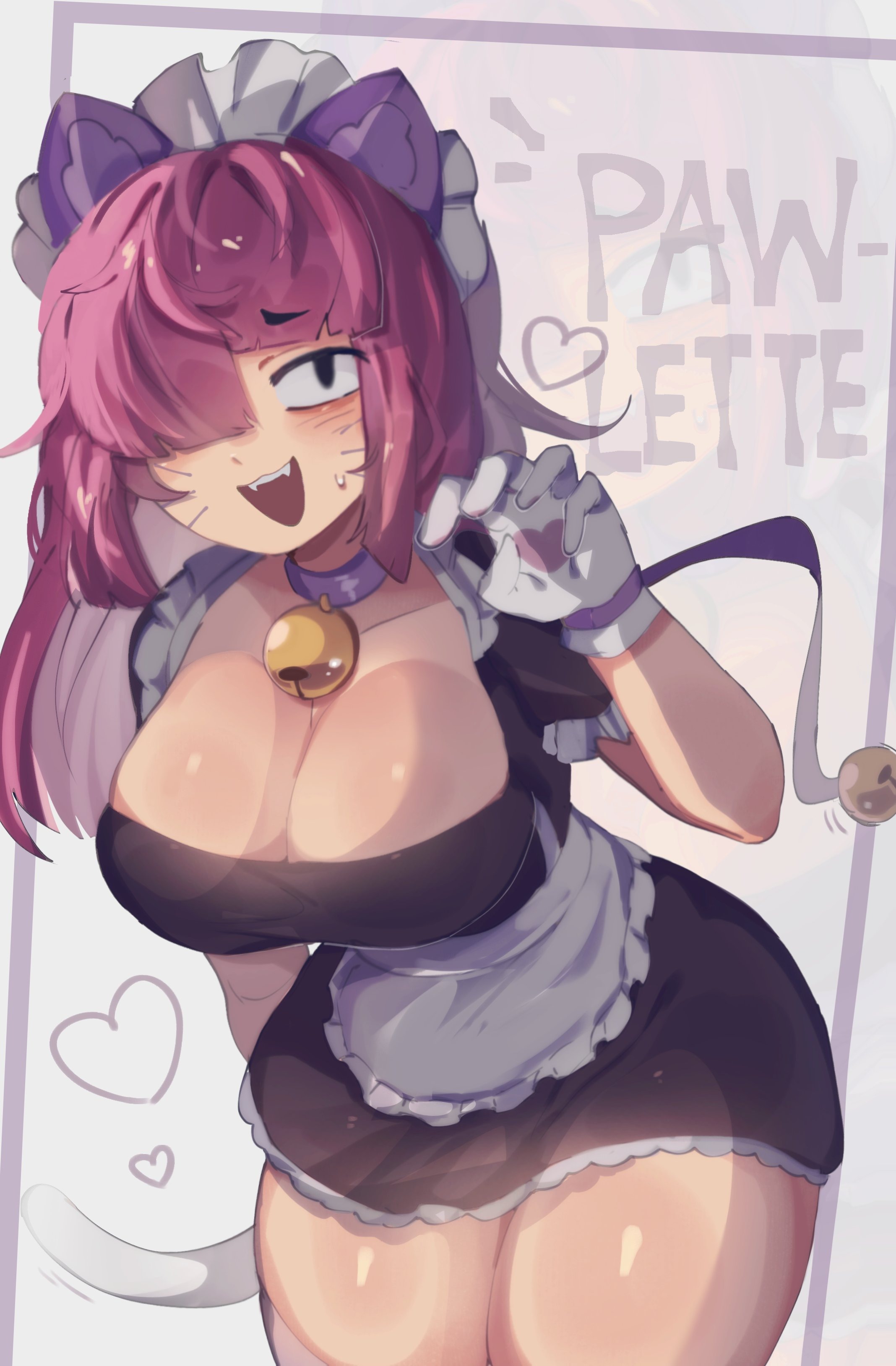 1girl, apron, big breasts, boobs, brawl stars, breasts, cat ears, cat girl, cat tail, catgirl, choker, cleavage, clothed, clothed female, colette (brawl stars), collar, collarbone, dress, fake animal ears, female only, frilled dress, frills, gloves, maid apron, maid dress, maid headdress, maid outfit, maid uniform, multiplylayer, pink eyes, pink hair, pinku pawlette, solo, solo female, solo focus, sweat, sweatdrop, sweating, sweaty, tail, tailwag, thick thighs, thighhighs, thighs, wide hips, wide thighs