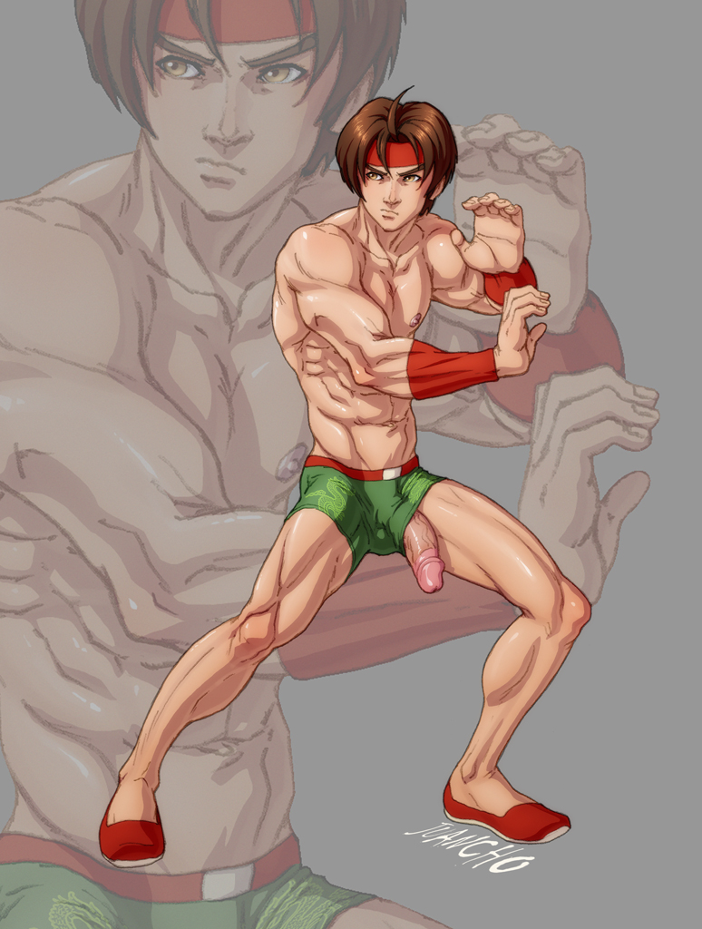 1boy abs amber_eyes artist_name big_penis boner boxer_briefs brown_hair circumcised erection fight_boner fighting_stance gay headband human king_of_fighters male male_nipples male_only muscles muscular muscular_male partially_clothed pecs penis penis_out penis_through_leghole posing psycho_soldier schizoid sie_kensou simple_background smooth_skinned_male snk solo underwear veiny_penis video_games