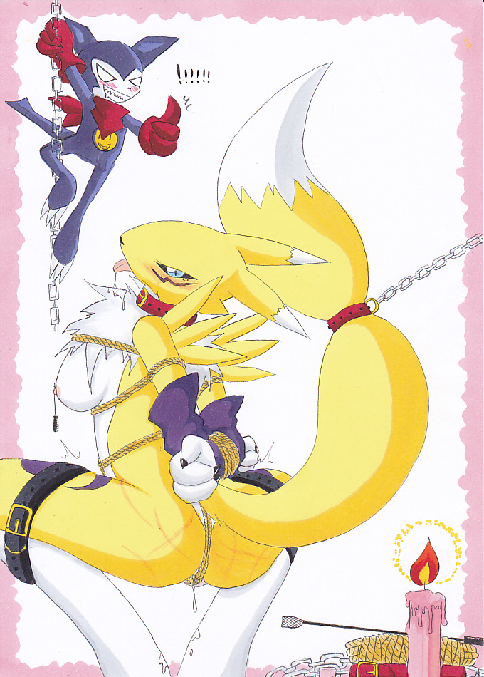 anthro ass bondage bound breasts candle chain climbing color digidredg digimon female femsub fur furry furry_ass furry_breasts furry_tail impmon interspecies male nipple_weights raised_tail renamon riding_crop squatting tagme tail tail_bondage tail_cuff weights_(bdsm)