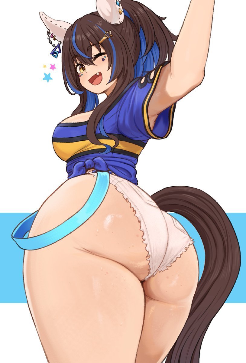 1girl, ass, ass focus, blue hair, blue shirt, brikot, brown hair, daitaku helios (umamusume), from behind, horse ears, horse girl, horse tail, huge ass, looking at viewer, looking back, micro shorts, one eye closed, open mouth, pekot, plump thighs, smile, solo, thick thighs, thighs, umamusume, umamusume pretty derby, white shorts