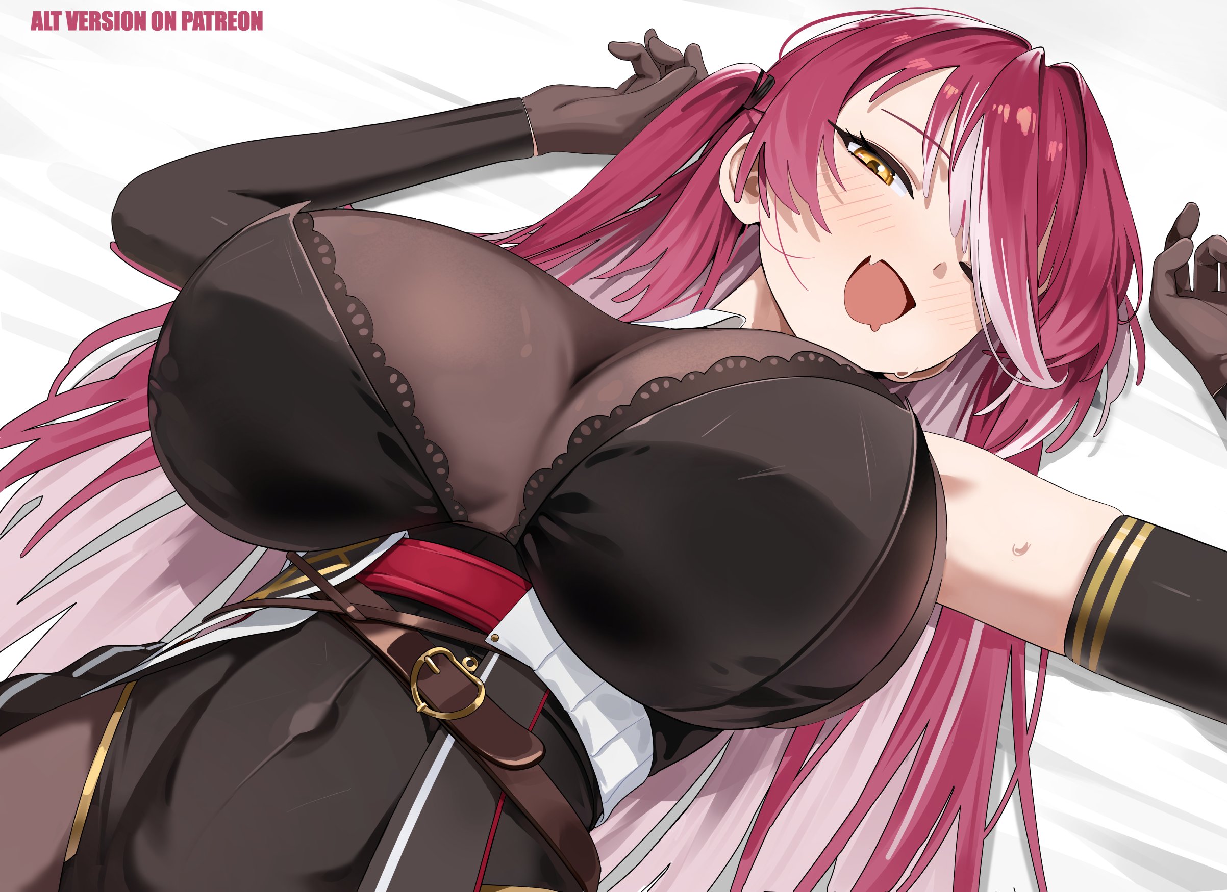1girls, alternate outfit, bare shoulders, bed, bedding, bedding background, bedsheets, belt, belt buckle, big breasts, blush, blushing, bodystocking, bodystocking under clothes, breasts apart, breasts bigger than head, cleavage, clothed, clothed female, collared shirt, detatched sleeves, drooling, eyebrows, eyelashes, gloves, gurumie, hair between eyes, hair over one eye, hair tied, heavy breasts, hololive, hololive fantasy, hololive japan, houshou marine, houshou marine (marching band), huge breasts, lace trim, large breasts, light skin, light-skinned female, long hair, looking at viewer, lying on back, lying on bed, massive breasts, mouth open, mutlicolored hair, navel, navel visible through clothes, on back, on bed, one eye closed, one eye covered, one eye obstructed, red hair, sagging breasts, single fang, solo, solo focus, sweat, sweatdrop, sweating, topwear, twintails, virtual youtuber, white hair, white streak, winking, yellow eyes