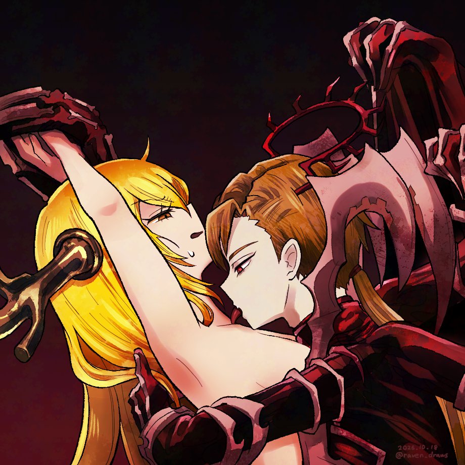 1boy, 1girl, bare shoulders, barefoot, black horns, blonde hair, breasts, closed mouth, clothed male nude female, collarbone, colored extremities, completely nude, curtained hair, defeated, don quixote (limbus company), eye contact, face-to-face, fingernails, full body, hair over shoulder, halo, hand on another's back, hand on another's thigh, hetero, large breasts, licking, limbus company, long fingers, long hair, looking at another, low-tied long hair, mask, naked, naked female, no nipples, nude, pectorals, project moon, red background, red halo, red theme, red wings, shoulder blades, sideboob, sinclair (limbus company), spiked halo, sweat, toes, very long hair, wings, yellow eyes