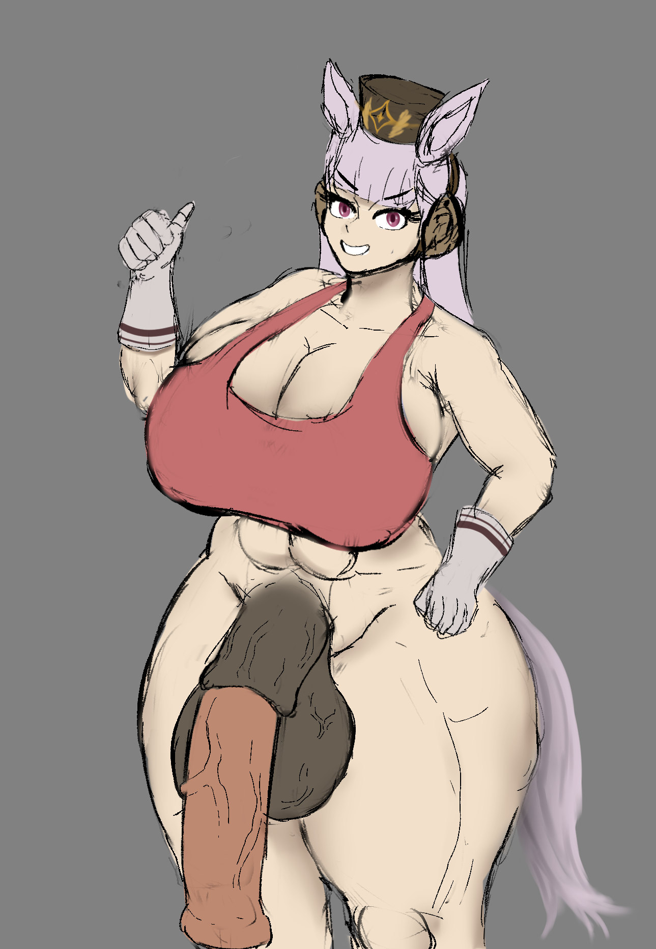 athletic futa, big penis, futa only, futanari, gold ship (umamusume), hat, horse ears, horse tail, horsecock, huge cock, thick thighs, umamusume, umamusume futanari, umamusume pretty derby, unknown artist, white hair, white skin