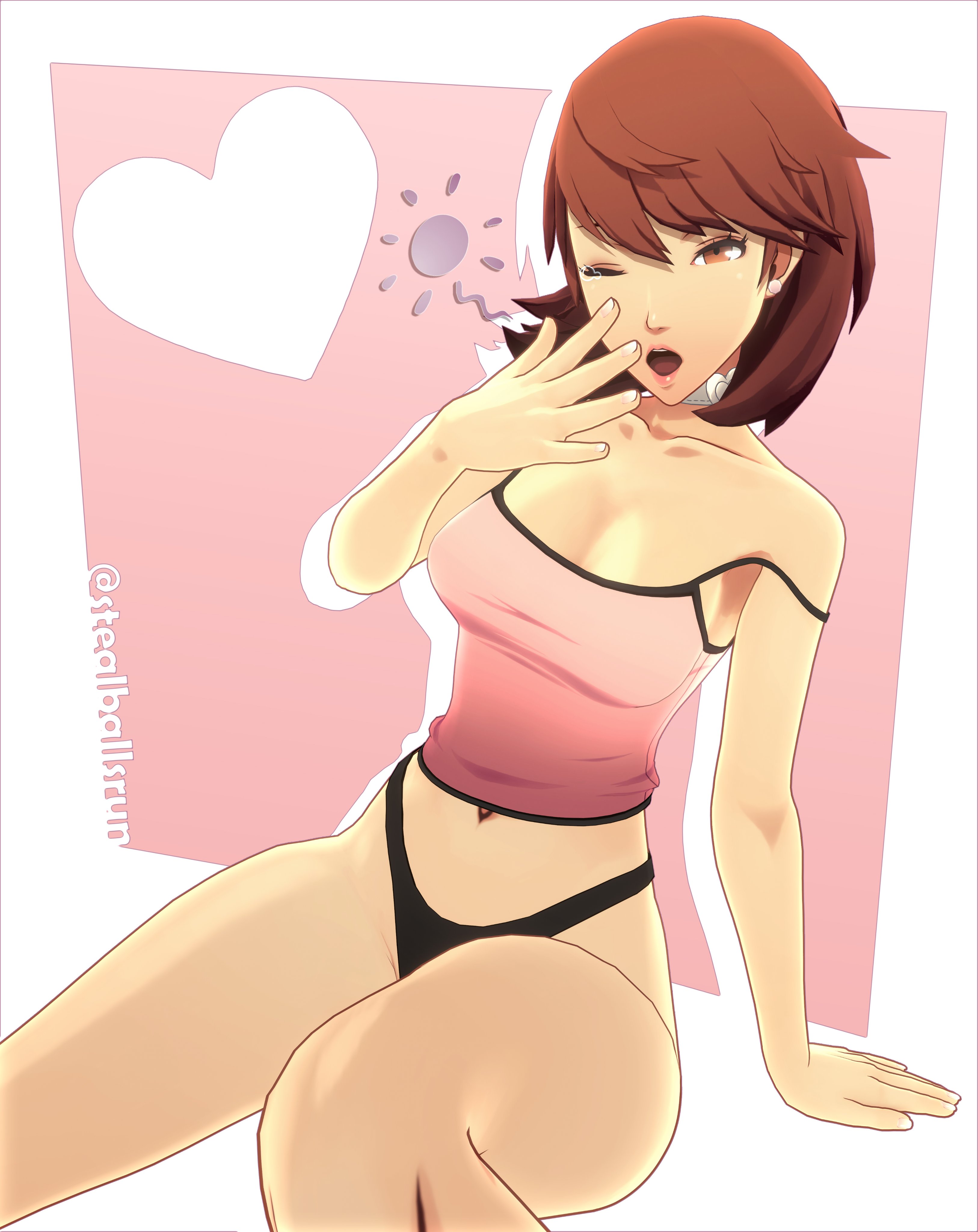 1girls, 3d, atlus, breasts, brown eyes, brown hair, choker, cleavage, earrings, female, female only, heart, heart choker, hourglass figure, looking at viewer, medium breasts, navel, no bra, one eye closed, open mouth, panties, persona, persona 3, petite, sega, short hair, sitting, slim waist, solo, solo female, solo focus, stealballsrun, strap slip, tank top, teenager, thick, thick thighs, thighs, underwear, wide hips, yukari takeba