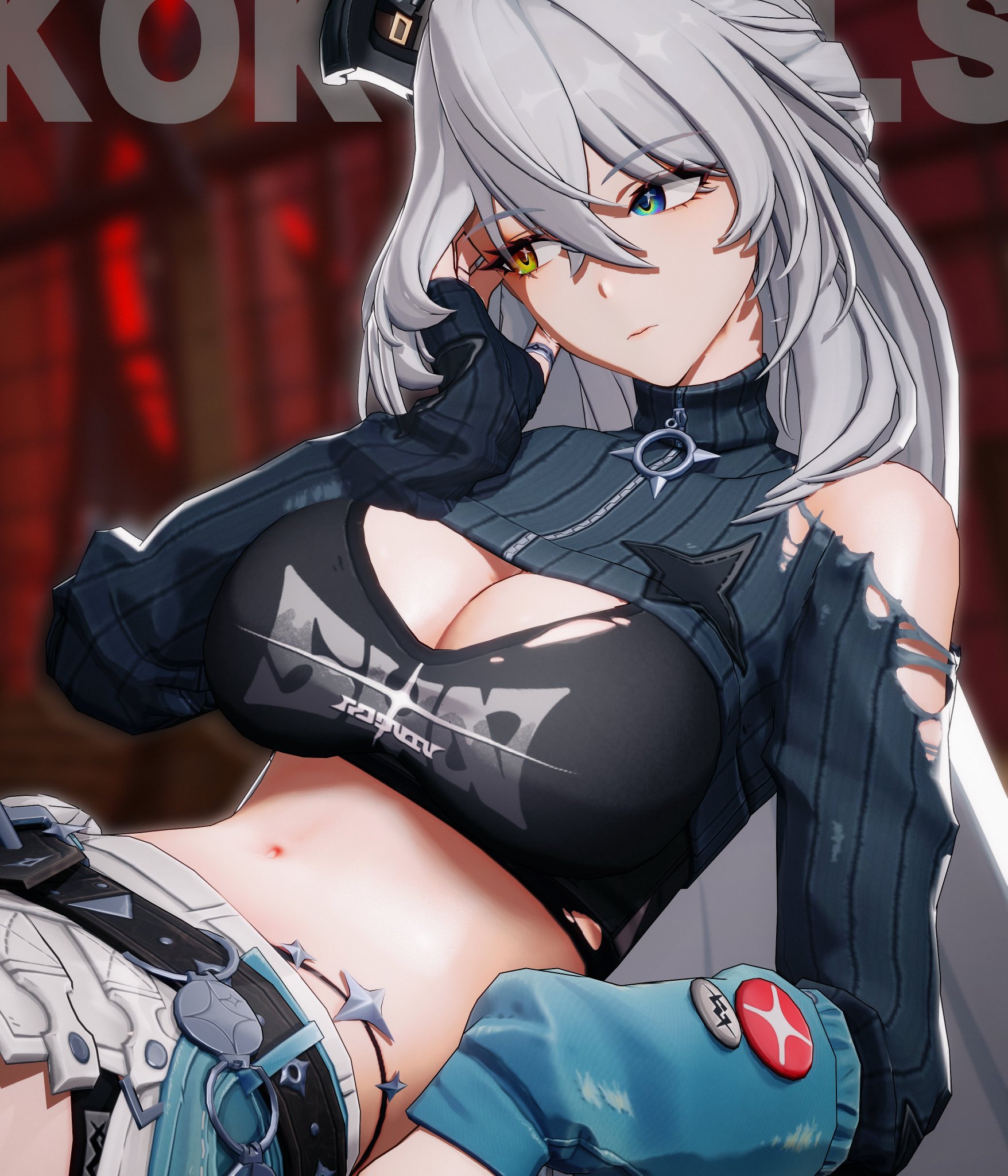 1girls, 3d, 3d model, breasts, cleavage, eldreda sunbringer, female, female only, heterochromia, kokomils, large breasts, long hair, midriff, midriff baring shirt, navel, pale skin, pale-skinned female, sunbringer (zenless zone zero), voluptuous, voluptuous female, white hair, zenless zone zero
