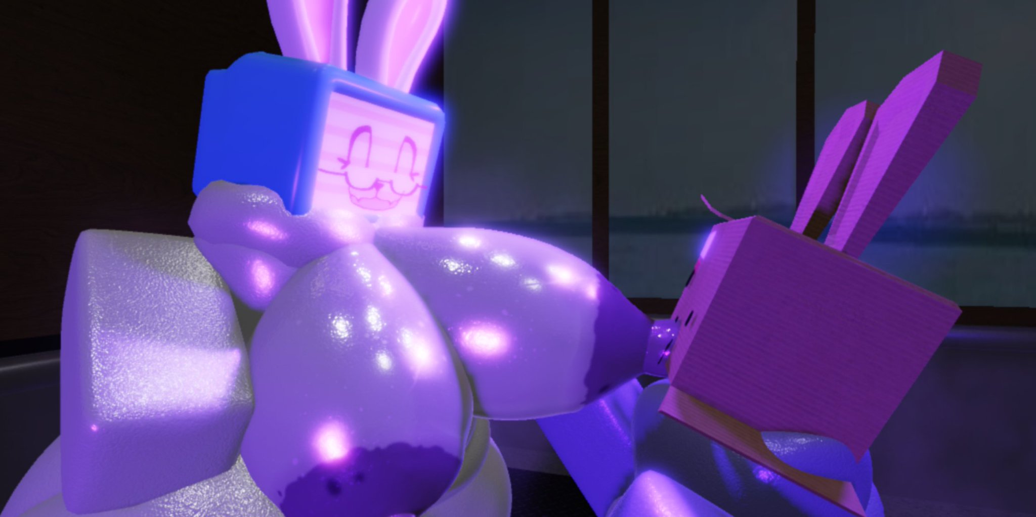 1boy, 1girls, 3d, breasts, breasts sucking, bunny girl, cardboard box, elevator, elevator sex, large breasts, melanie (regretevator), more at source, nipples, nude, original character, regretevator, roblox, roblox game, robloxian, tagme (artist), tv head