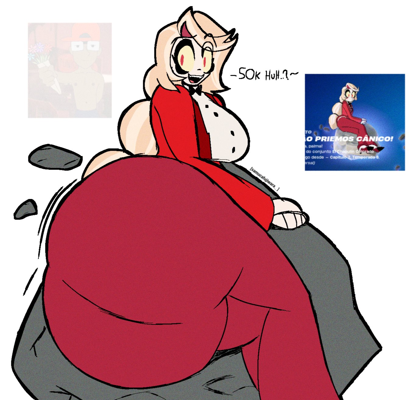 1girl, 1girls, 2026, 2d, 2d (artwork), 2d art, 2d artwork, ass, ass crack, ass focus, big ass, big boobs, big breasts, big butt, boobs, breasts, butt, butt crack, butt focus, buttocks, charlie morningstar (hazbin hotel), clothed, clothed female, clothing, digital art, digital drawing, digital drawing (artwork), digital media, digital media (artwork), fat ass, fat butt, female, female focus, female only, flat colors, fortnite, fortnite: battle royale, fully clothed, fully clothed female, hazbin hotel, huge ass, huge butt, large ass, large butt, looking back, massive ass, massive butt, meme in the background, reference, reference image, samucafujiwara, solo, solo female, solo focus, tagme, thighs, tits