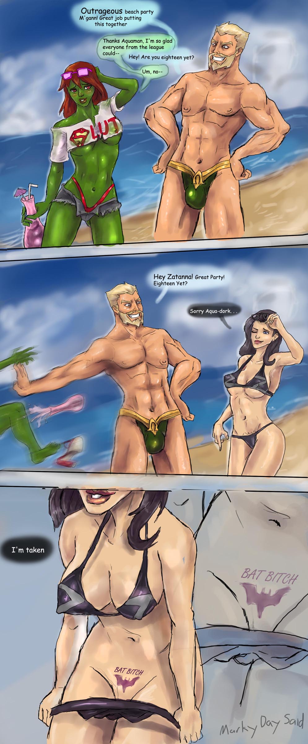 1boy 2girls aquaman aquaman_(series) arthur_curry black_hair cleavage dc dc_comics dialogue earth_16 english_text female human lipstick long_hair male markydaysaid miss_martian red_hair speech_bubble straight tattoo text young_justice zatanna