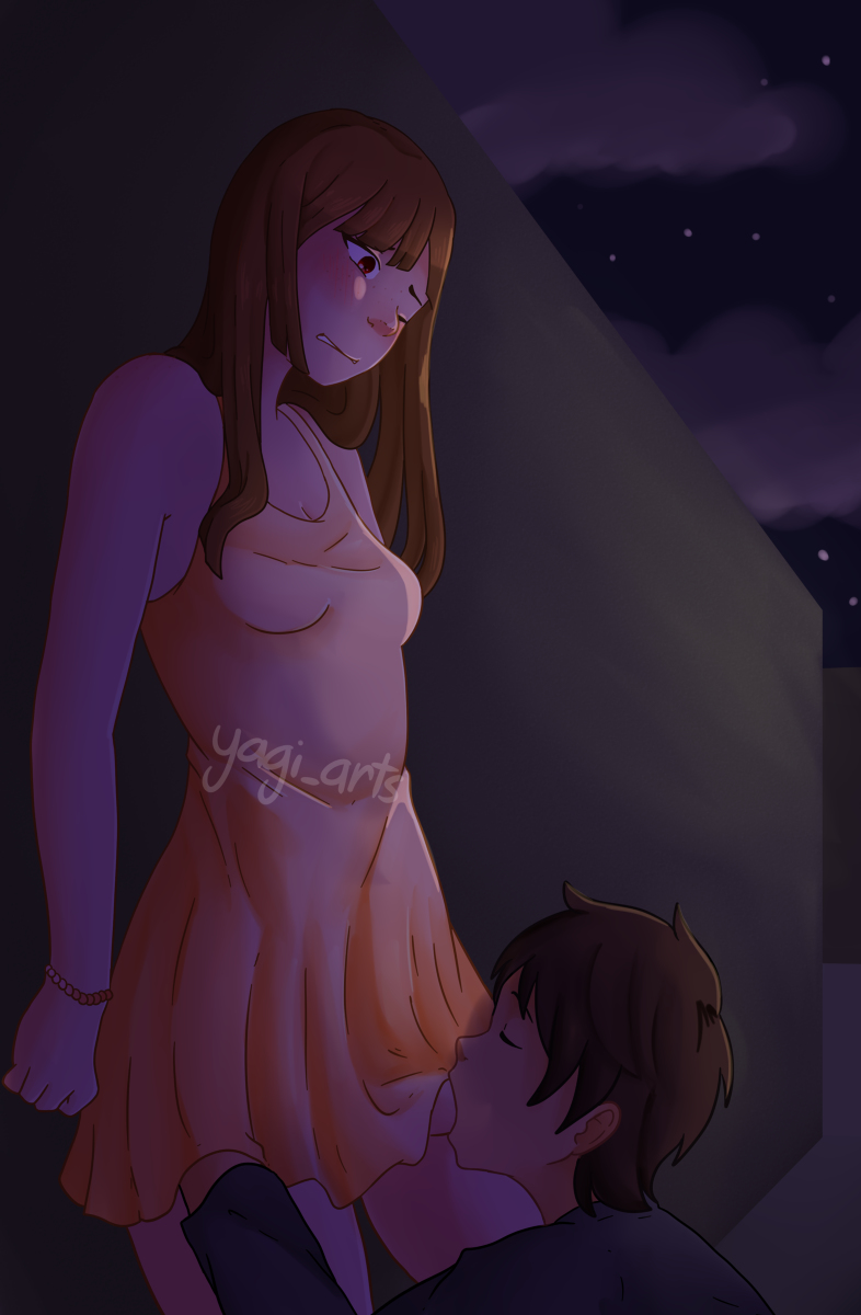 absurd res, against wall, blowjob, blush, breasts, brown hair, cinnamon (@yagi arts), clothed, clothed female, clothed male, clothed male clothed female, clothed sex, clothing, clouds, dress, dress lift, fellatio, female, futa on male, futa sans pussy, futanari, intersex, long hair, male, male sucking futa, night, oral, oral penetration, oral sex, orange dress, penis under dress, penis under skirt, public, small breasts, soft shading, yagi arts