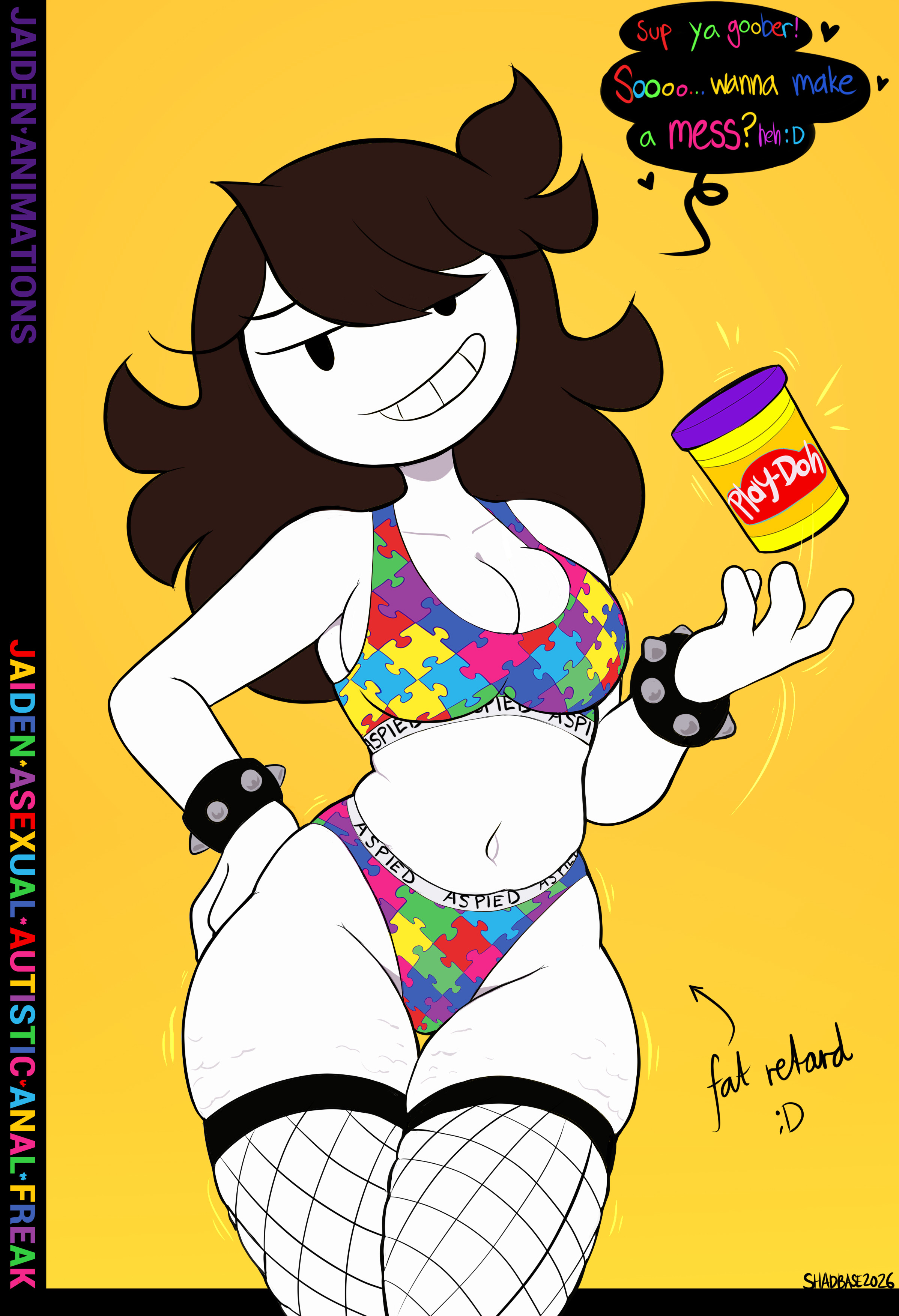 1girls, 2026, 2d, absurd res, absurdres, artist name, autism, autism kink, autism speaks symbol, autism symbol, autistic, autistic female, bedroom eyes, belly, belly button, big breasts, big thighs, black eyes, bra, breasts, brown hair, child bearing hips, clothed, clothing, curvaceous, curvaceous figure, curvy, curvy body, curvy female, curvy figure, curvy hips, dialogue, english, english dialogue, english text, female, female only, fishnet, fishnet legwear, fishnet stockings, fishnet thighhighs, fishnets, hi res, highres, hourglass figure, hourglass figured female, jaiden, jaiden animations, jaidenanimations, large hips, large thighs, long hair, midriff, navel, panties, play-doh, revealing clothes, shadman, skimpy, skimpy clothes, slur, solo, solo female, speech bubble, stockings, stomach, straight hair, text, thick, thick hips, thick legs, thick thighs, thigh highs, thighhighs, thighs, voluptuous, voluptuous female, watermark, white body, white skin, wide hips, wrist cuffs, wristband, youtube, youtuber