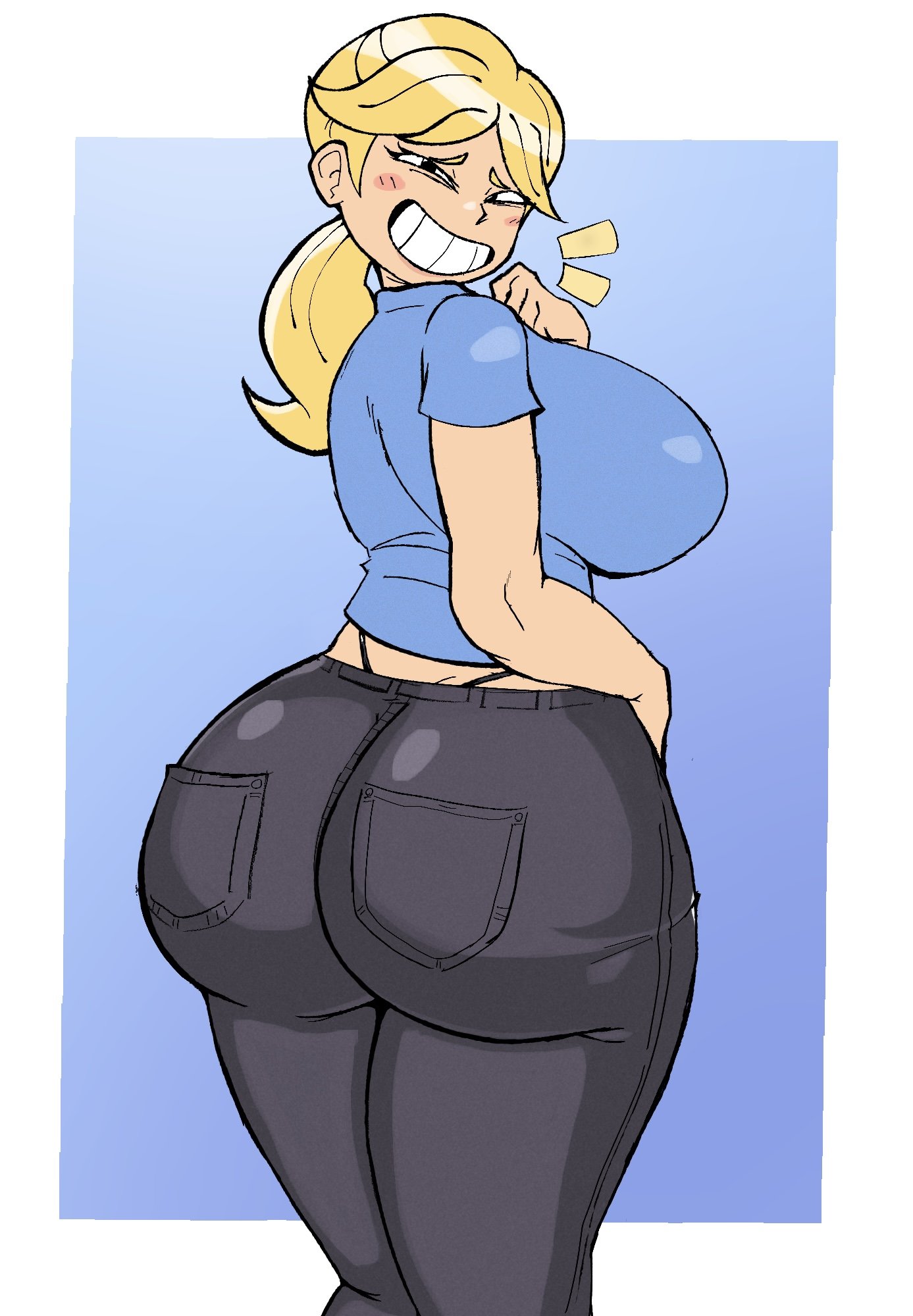1girls, 2026, 2d, 2d (artwork), 2d artwork, ass, ass bigger than head, ass focus, big ass, big breasts, blonde, blonde female, blonde hair, blonde hair female, blonde-haired female, blue shirt, breasts, clothed, clothed female, digital art, digital drawing (artwork), digital media (artwork), dreamworks, dreamworks animation, fat ass, female, fonz, human, jeans, ponytail, ponytail female, smile, smiling, solo, tagme, tech team girl (the bad guys 2), the bad guys, the bad guys 2, thong, universal pictures, universal studios