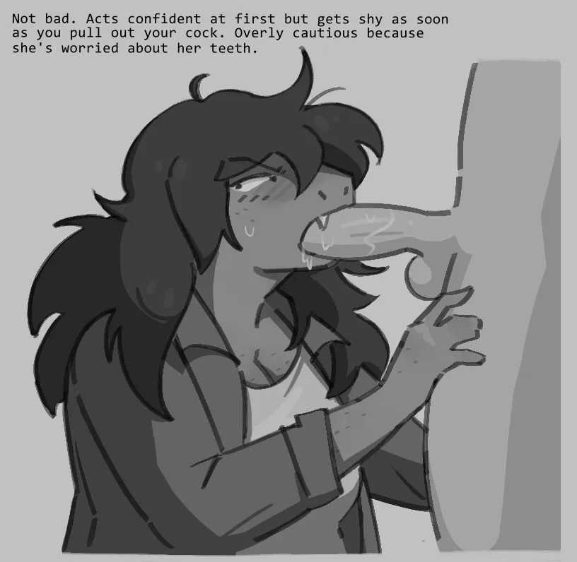 1boy, 1girls, 2026, blowjob, blush, clothed, clothed sex, deltarune, english text, fellatio, female, freckles, greyscale, humanoid, jacket, long hair, male, male/female, marilewyd, messy hair, monochrome, reptile, saliva, scalie, susie (deltarune), white shirt