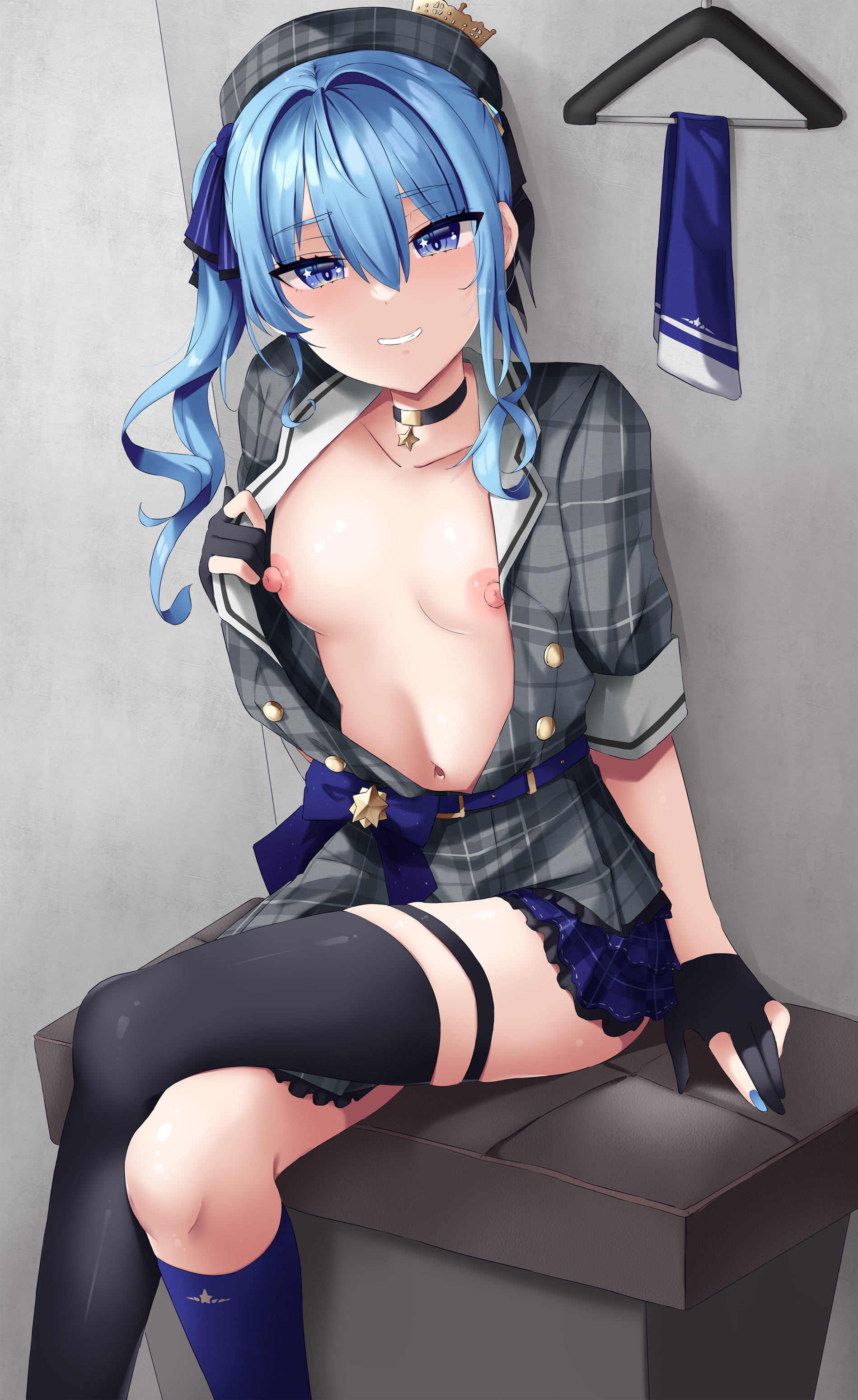 a re, asymmetrical legwear, belly button, black choker, black gloves, black stockings, black thighhighs, blue eyes, blue hair, blue nails, blue ribbon, blue socks, blue stockings, breasts, changing room, clothes hanger, collar, dot nose, female, female only, gloves, hair ribbon, hat, highres, hololive, hololive gen 0, hololive japan, hoshimachi suisei, idol, light skin, light-skinned female, nipples, open shirt, partially fingerless gloves, revealing breasts, sidelocks, skirt, small breasts, smile, socks, solo, solo female, star (symbol), symbol in eye, thighhighs, uneven legwear, virtual youtuber, wavy hair