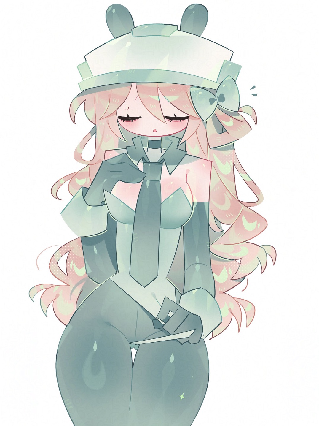 1girl, 1girls, 2d, 2d (artwork), 2d artwork, blonde female, blonde hair, bowtie on head, breasts, bunnysuit, carepad (die of death), civilian (die of death), closed eyes, clothed, clothing, die of death (roblox), exposed shoulders, female, female focus, female only, green clothes, green shirt, hard hat, no sex, open mouth, roblox, roblox game, robloxian, slim waist, tagme (artist), thick thighs, thighs, thighs bigger than torso, tie between breasts